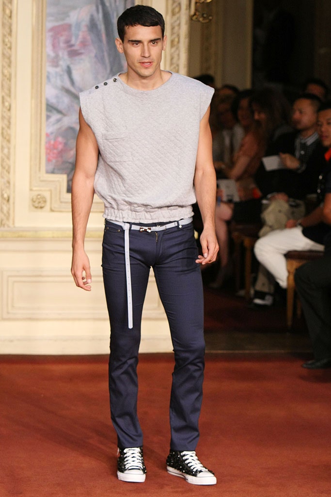gray relaxed top with navy pants
