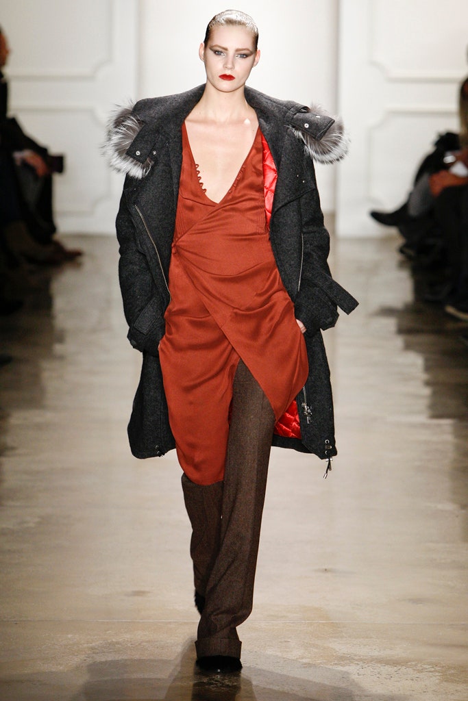 black wool coat red silk dress