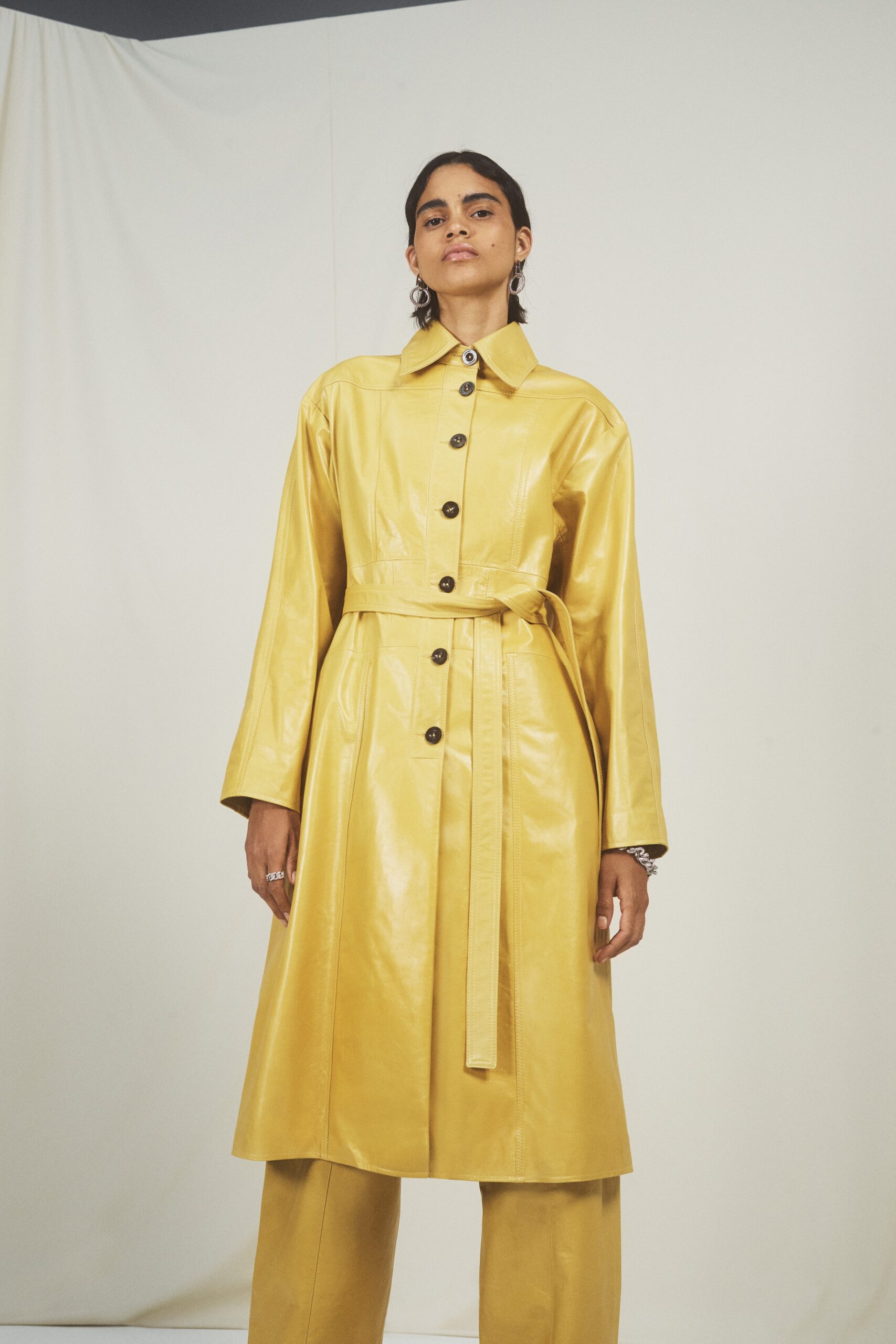 yellow leather coat and pants