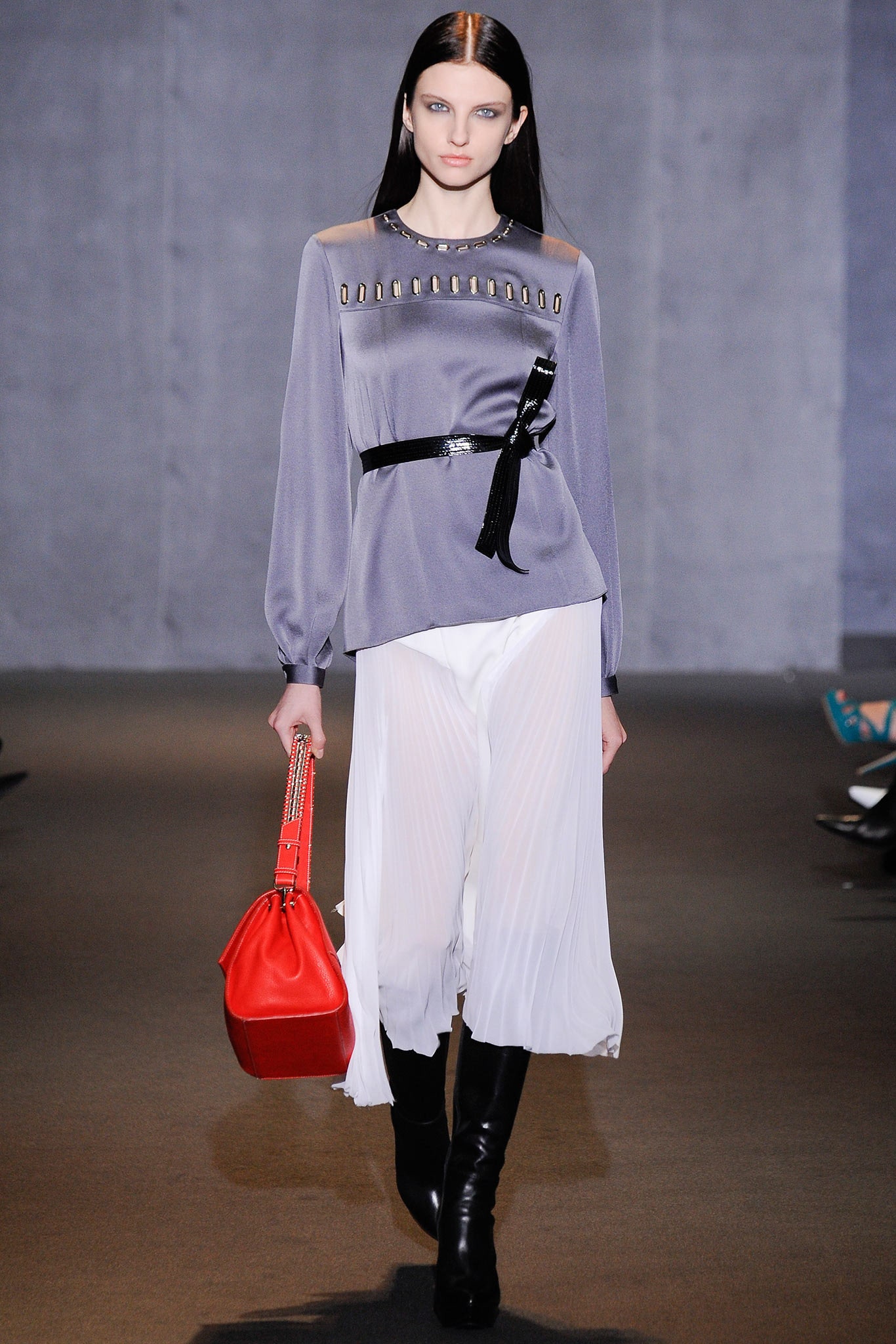 gray silk top with pleated skirt