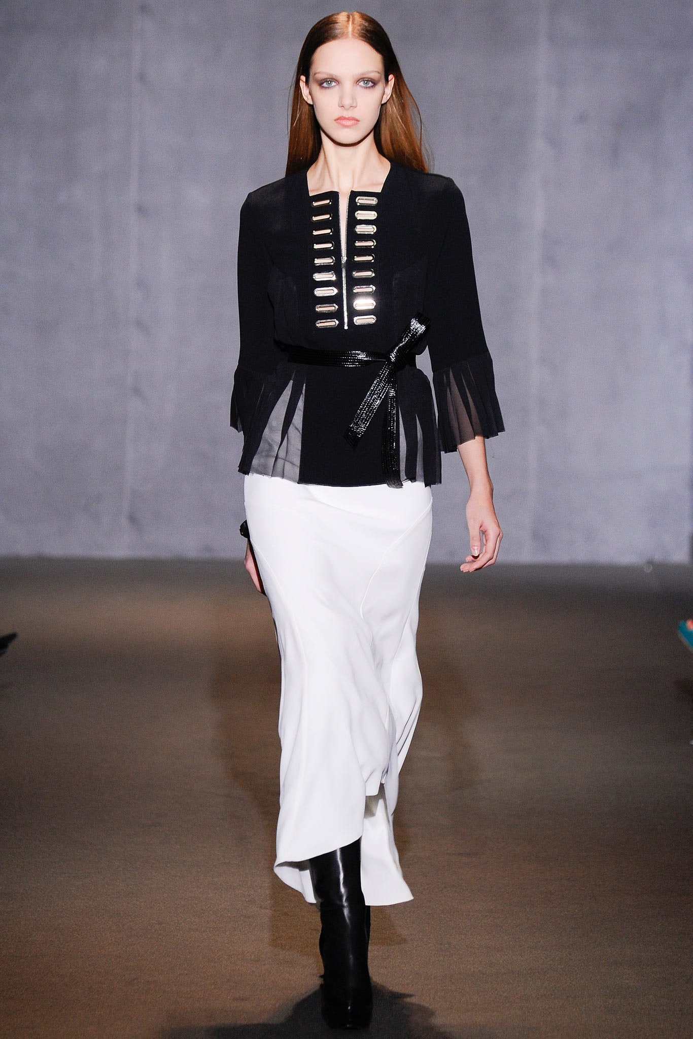 black silk top white midi skirt