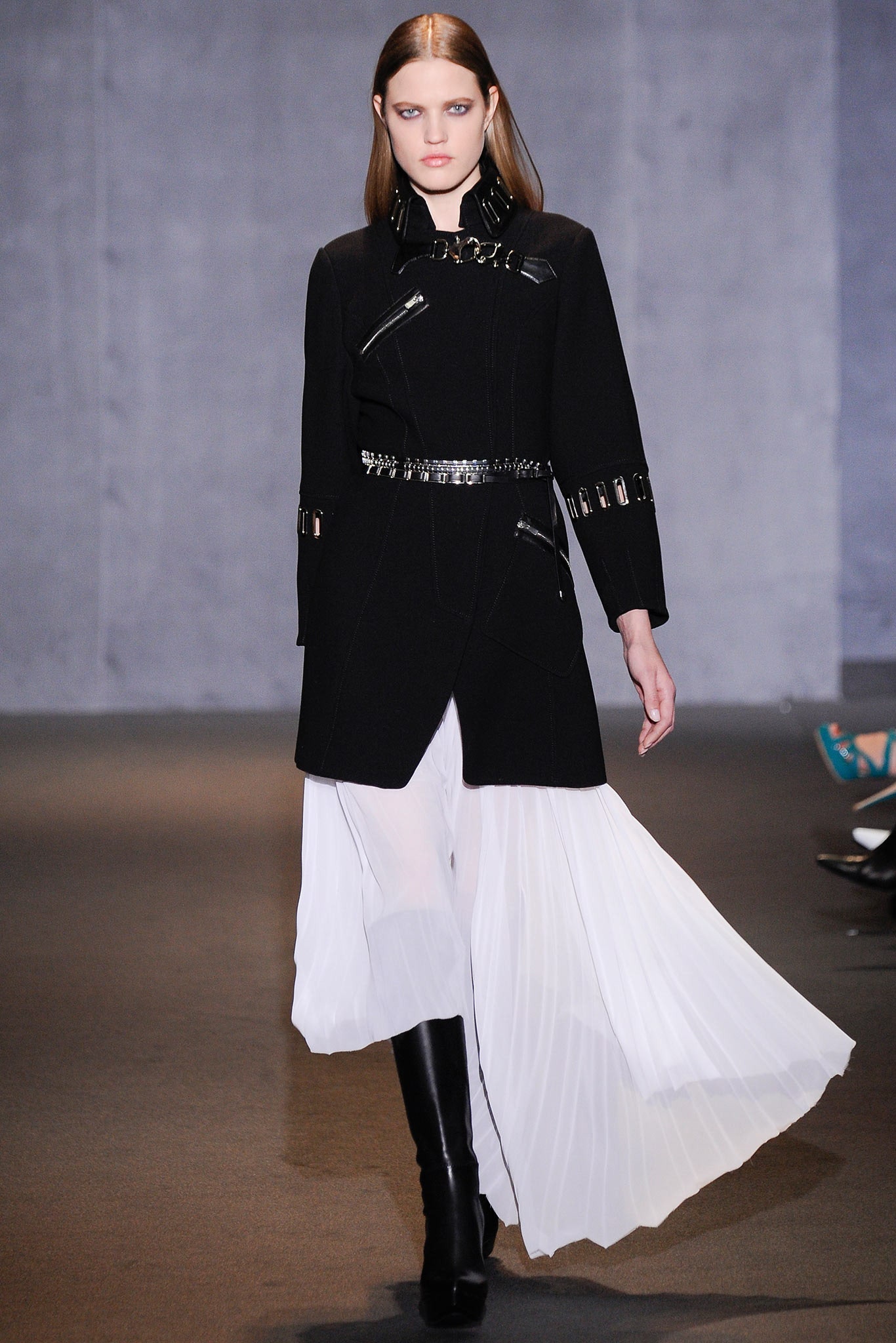 black wool coat with white dress