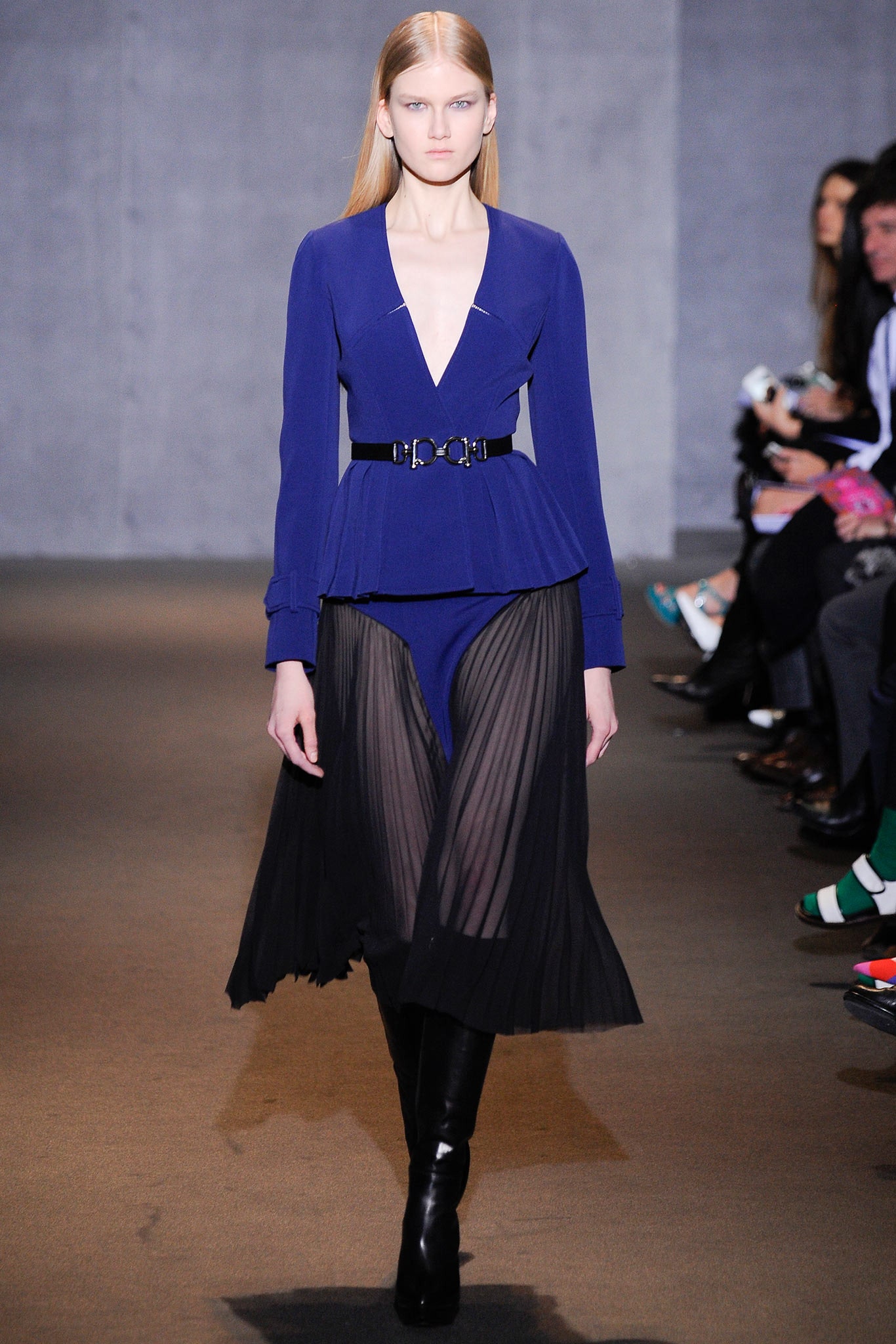 blue silk top with pleated skirt