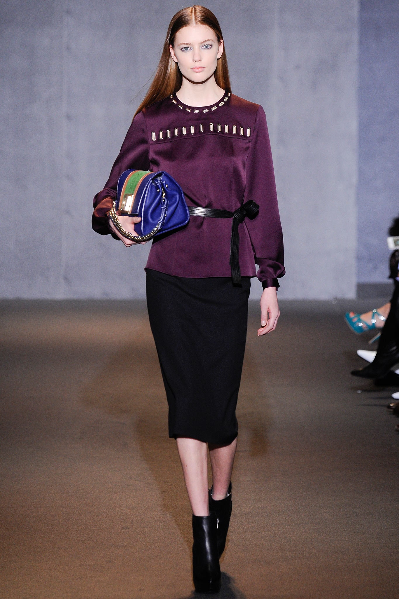 purple silk blouse with black pencil skirt
