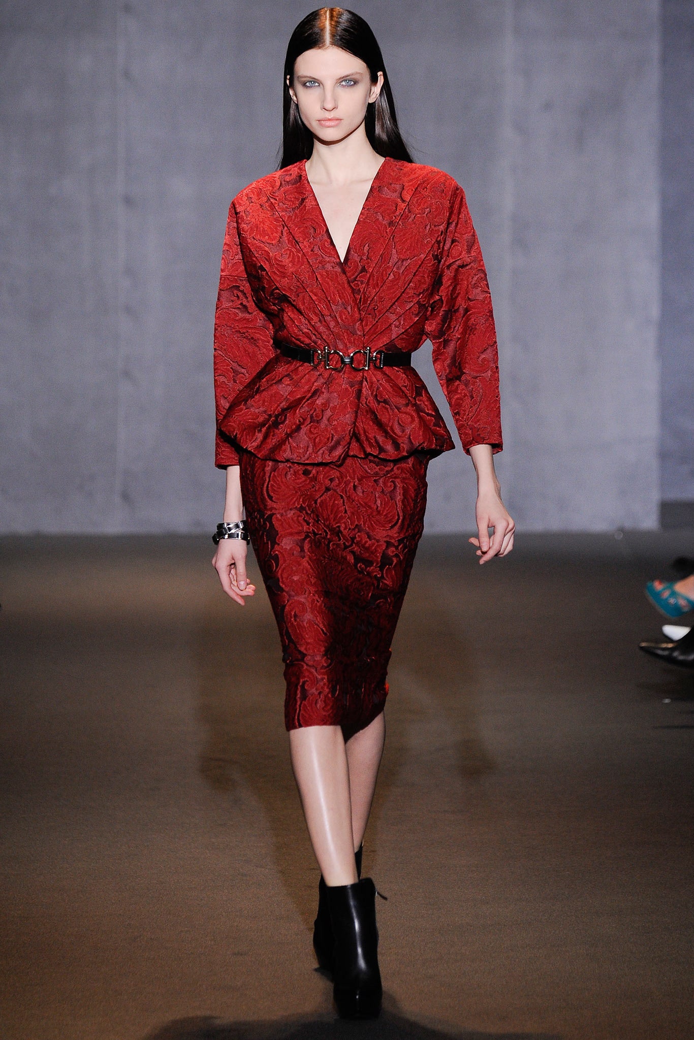 red silk fitted blazer and pencil skirt