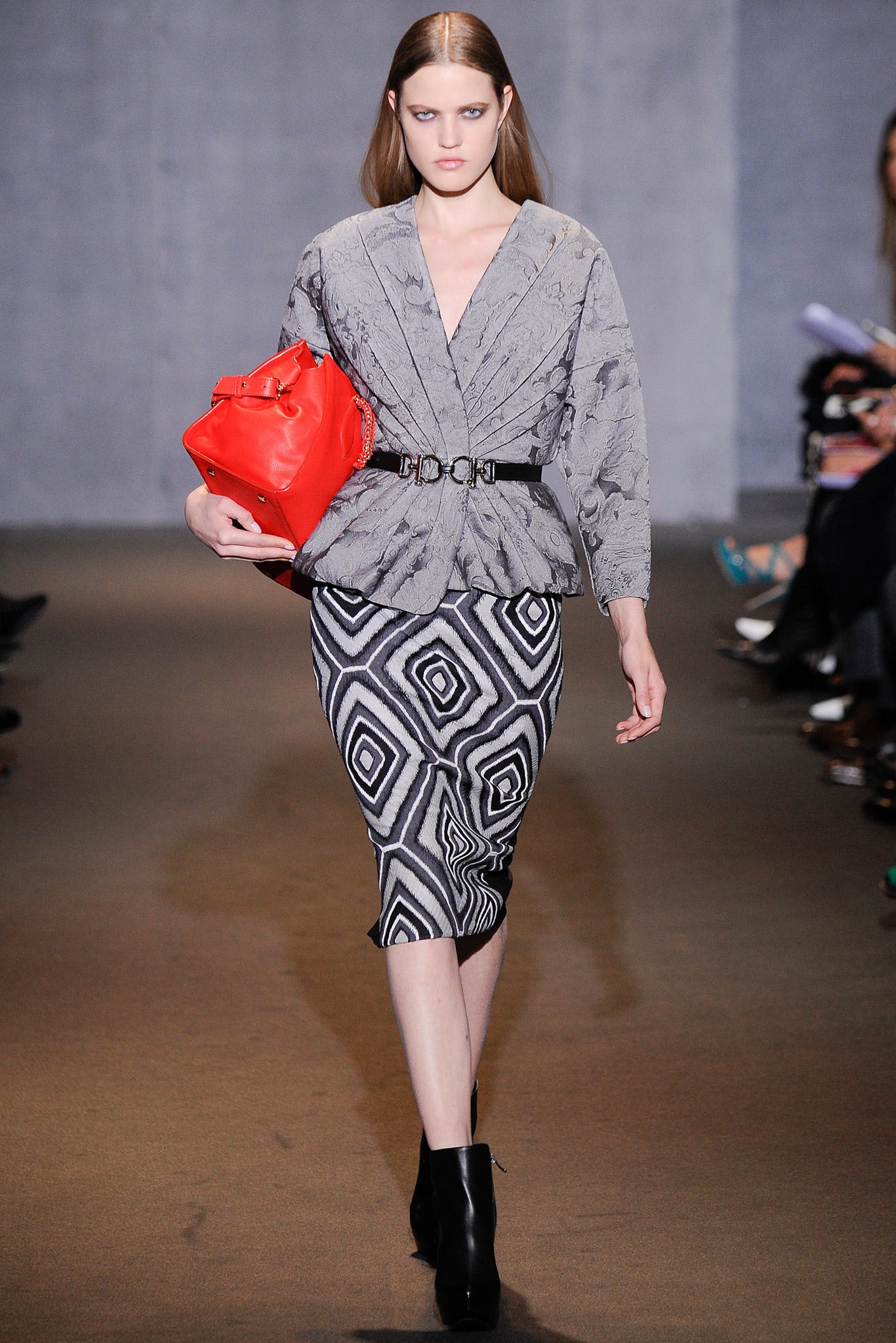 gray silk blouse with pencil skirt