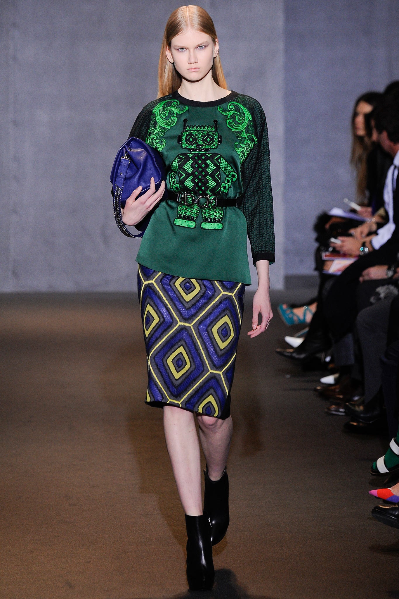 green embroidered top with pencil skirt