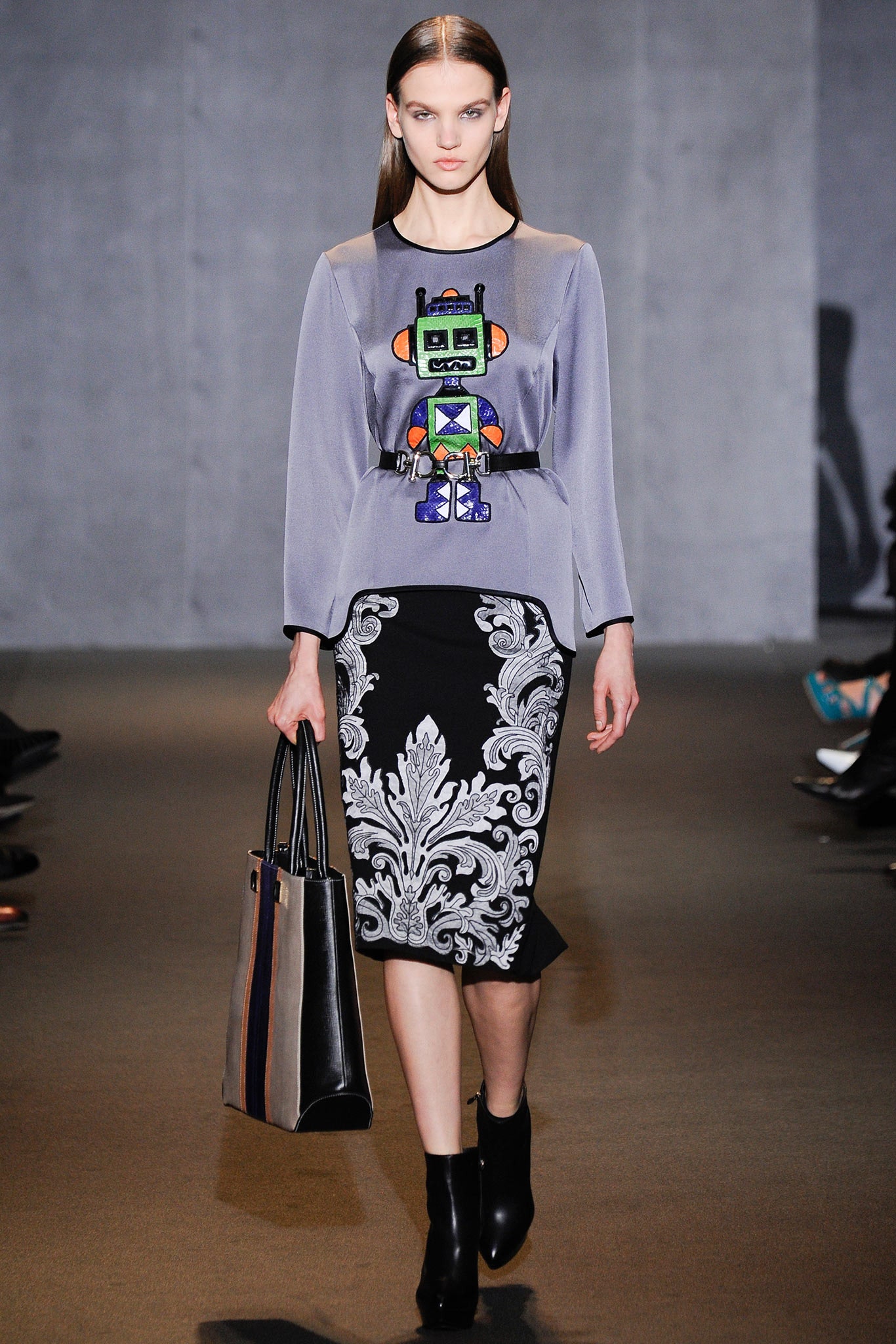 gray silk blouse and black pencil skirt