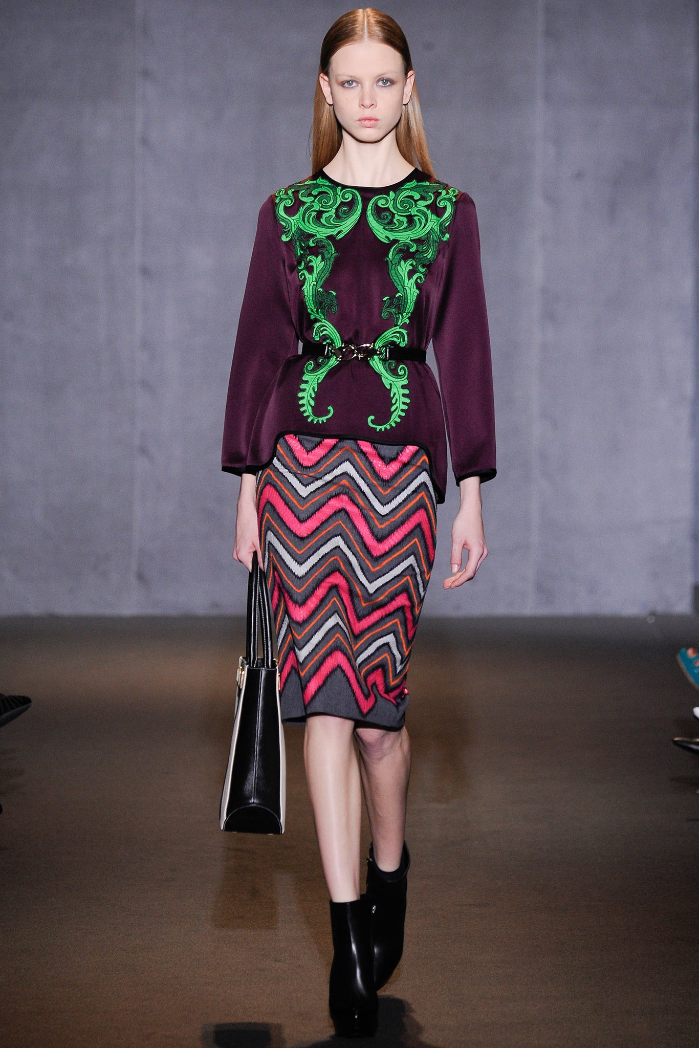 purple embroidered blouse with pencil skirt