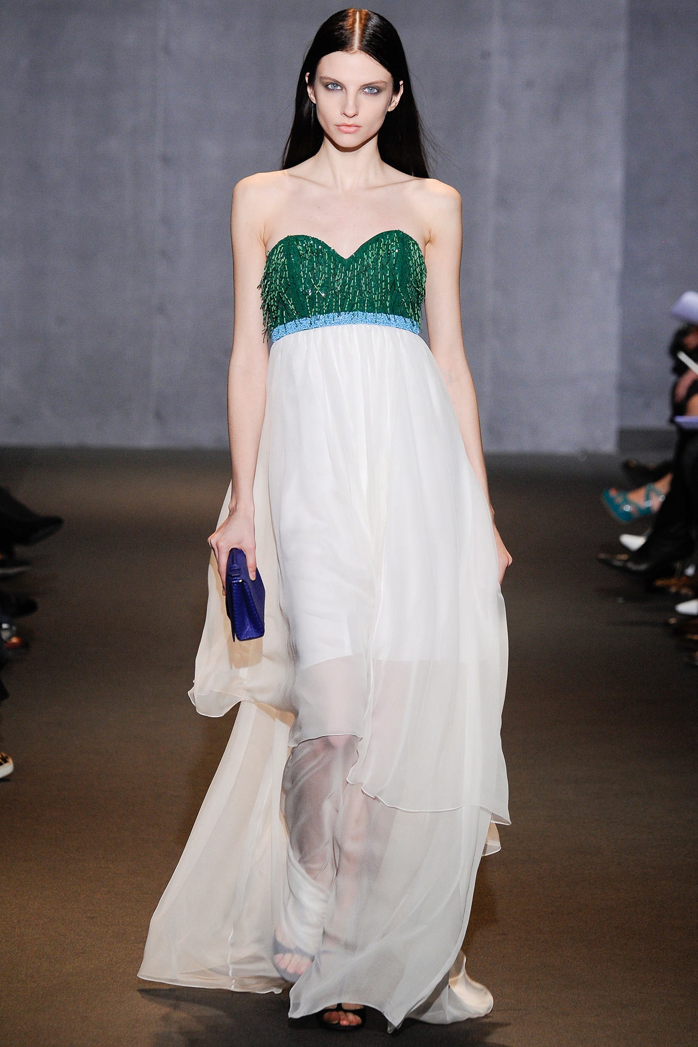 green and white flowing gown
