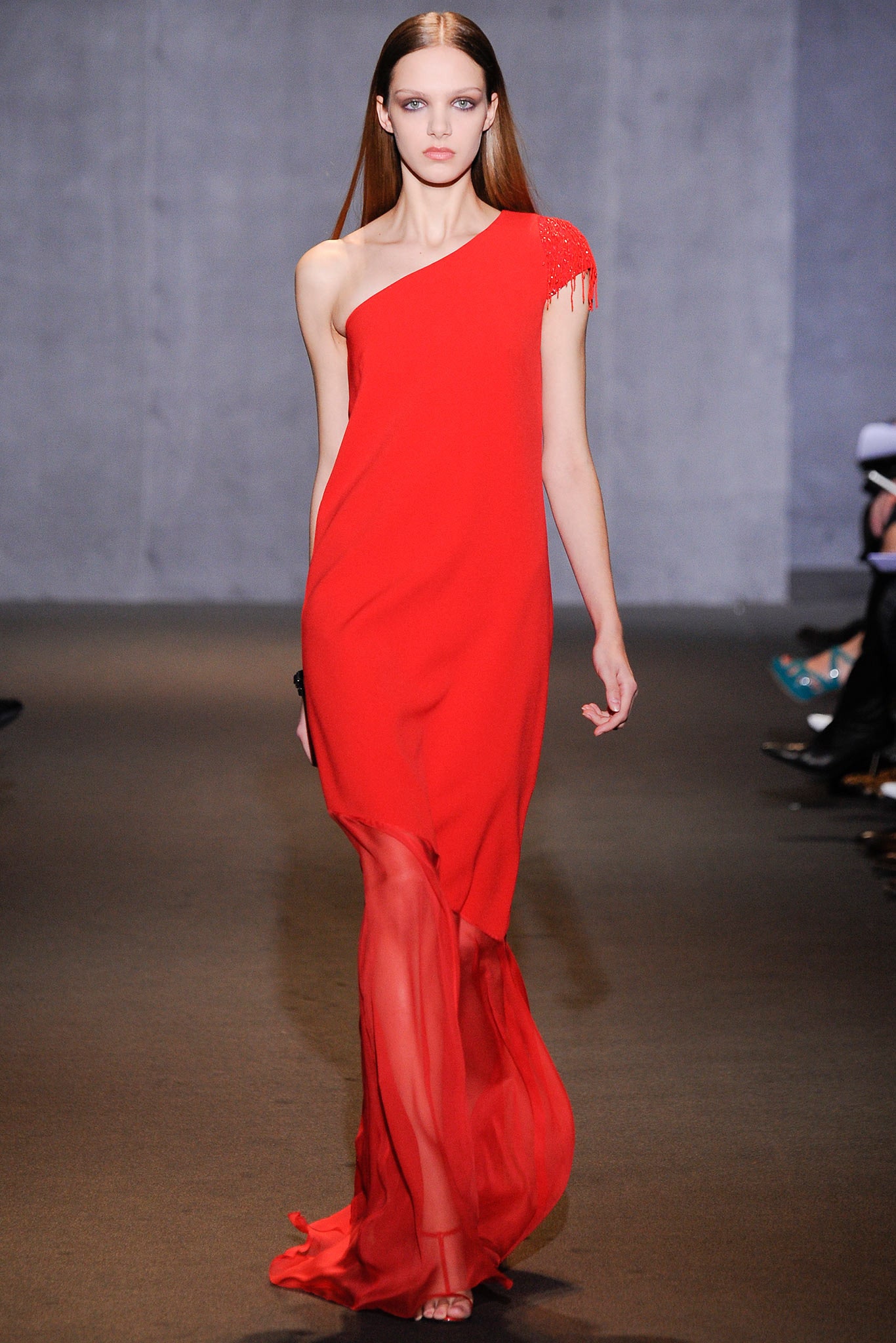 red silk asymmetric gown