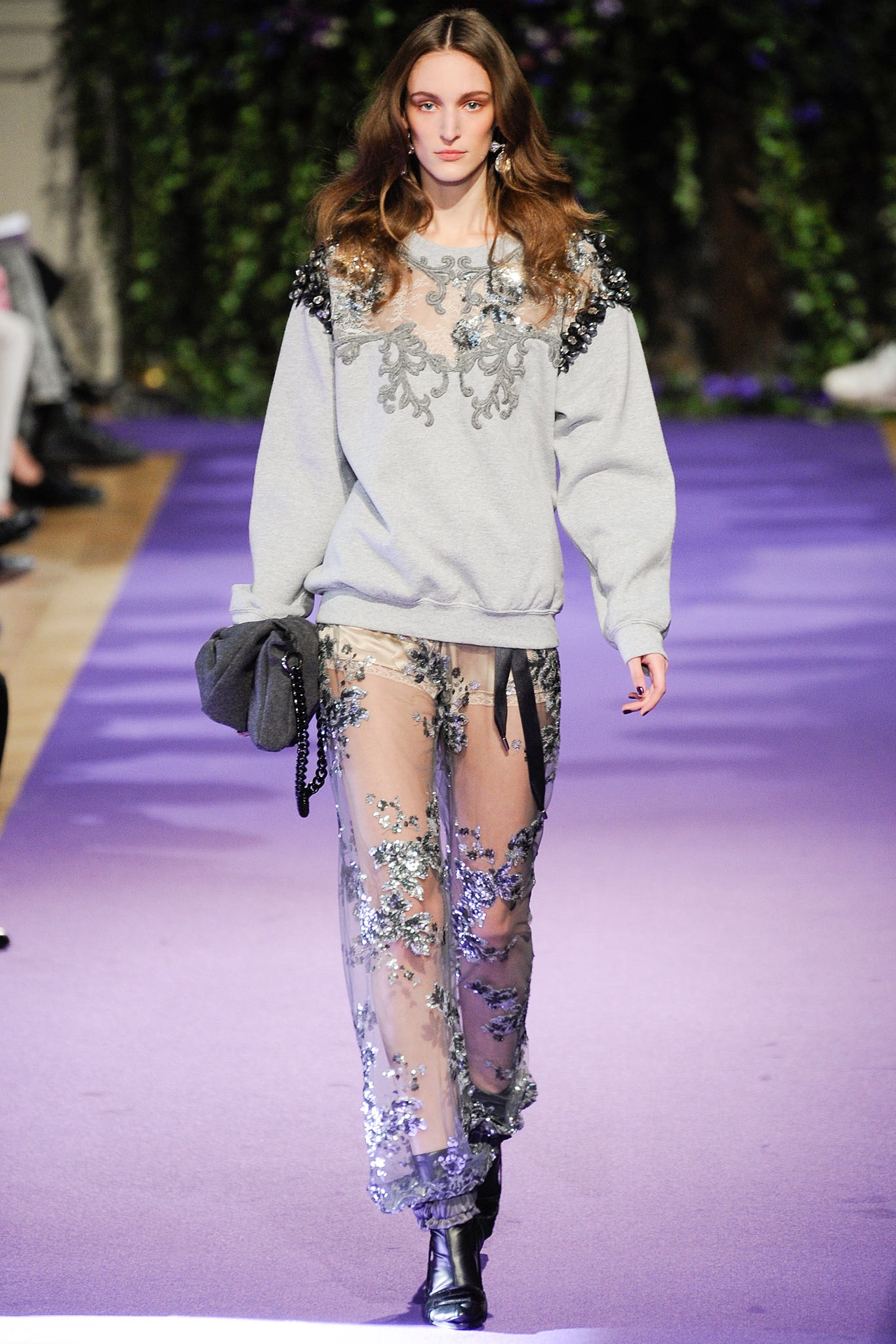 gray embellished sweater with sheer pants