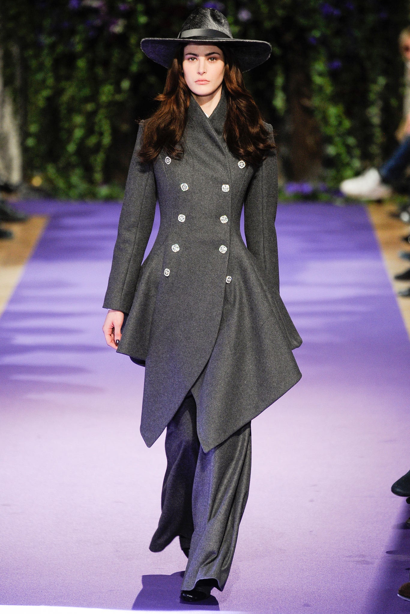 gray wool long-sleeve collared fitted draped coat