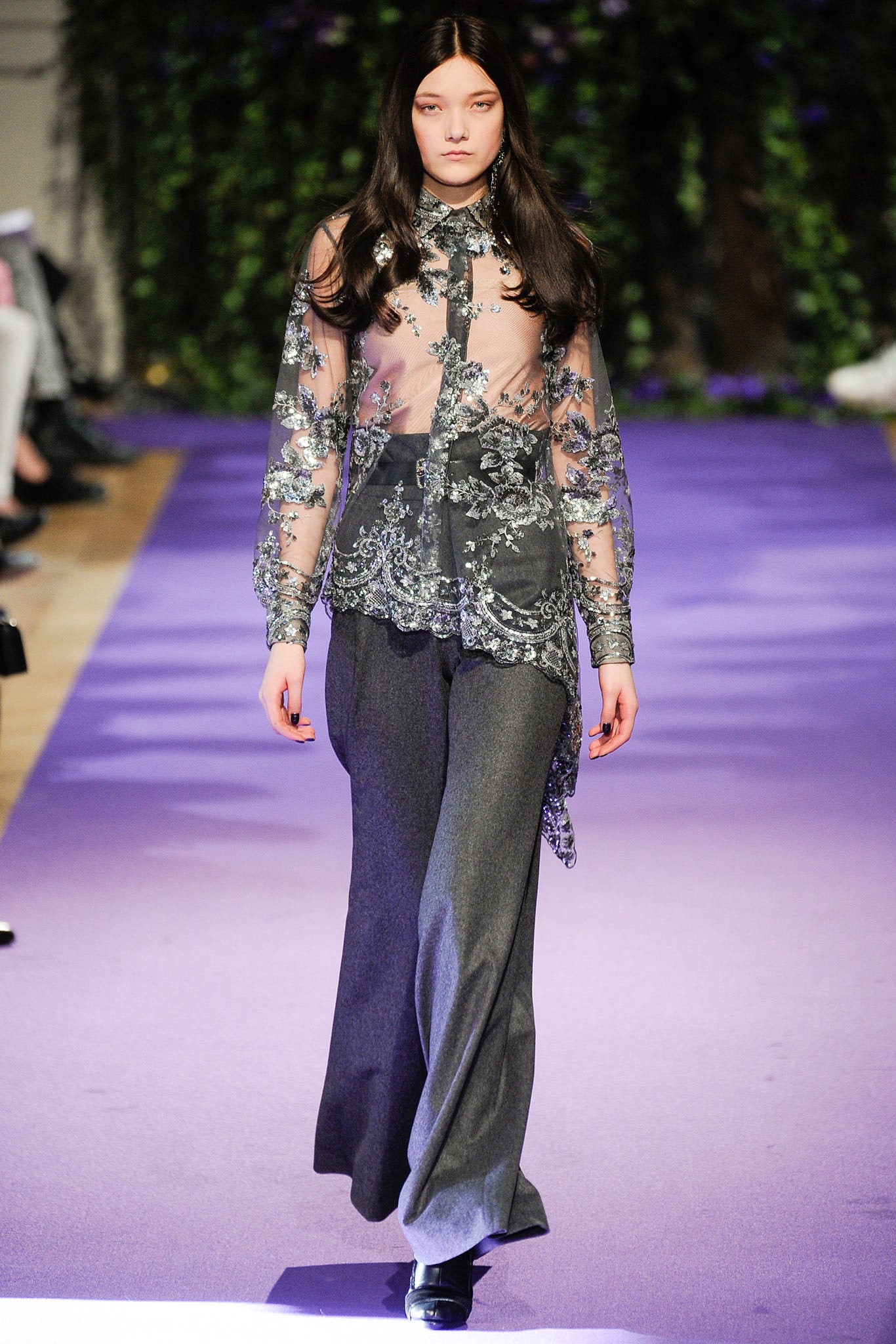 sheer embroidered blouse with wide-leg pants