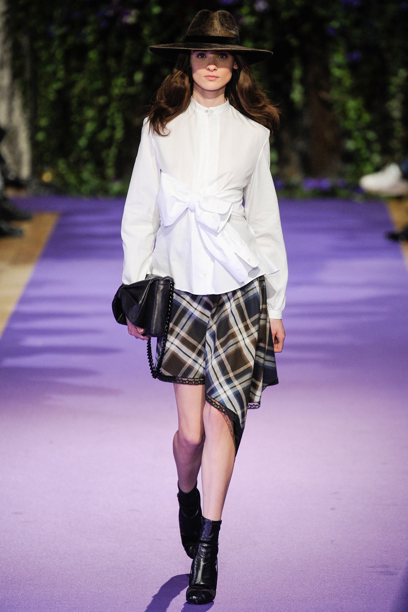 white fitted blouse with plaid skirt
