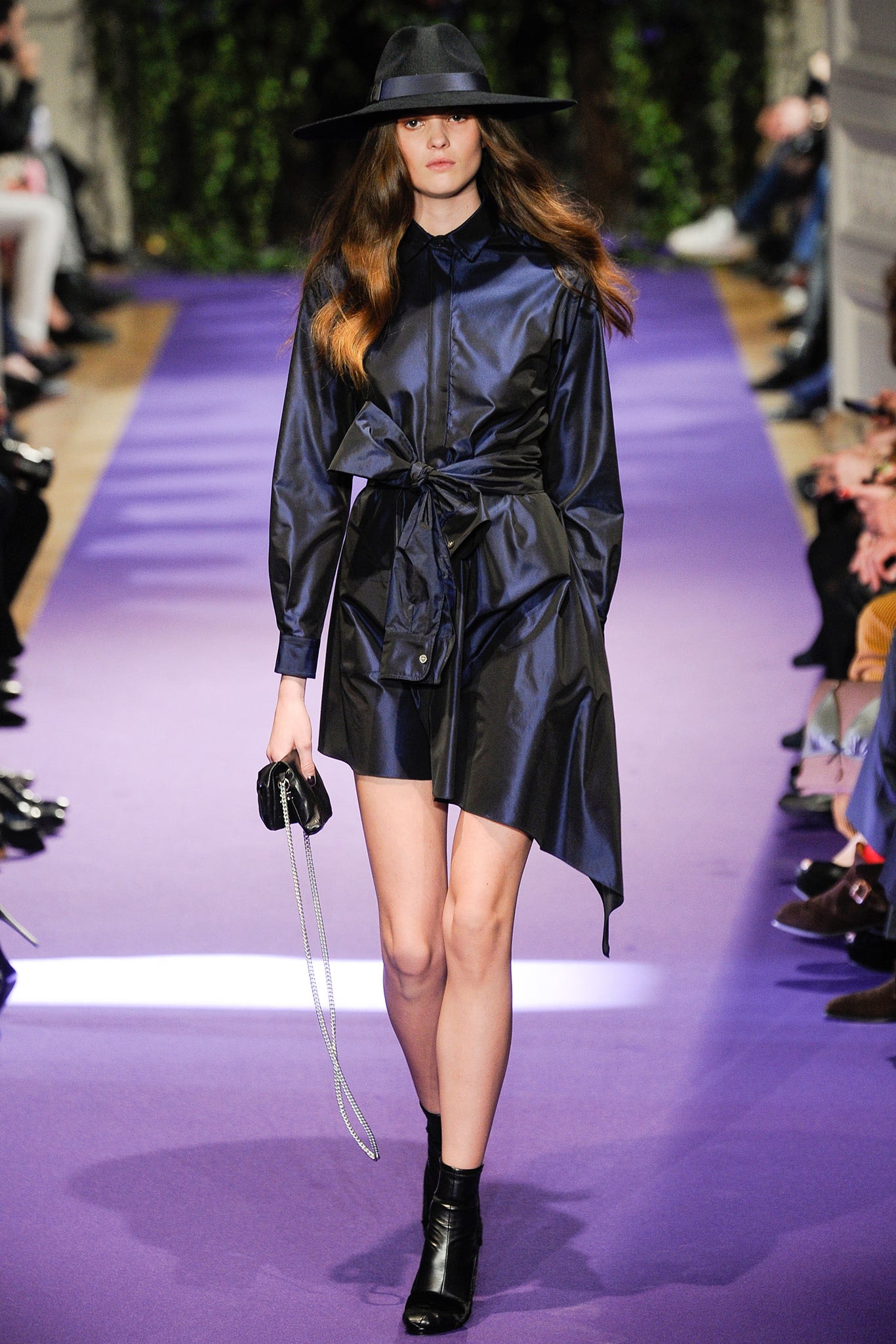 blue silk long-sleeve collared fitted belted shiny dress