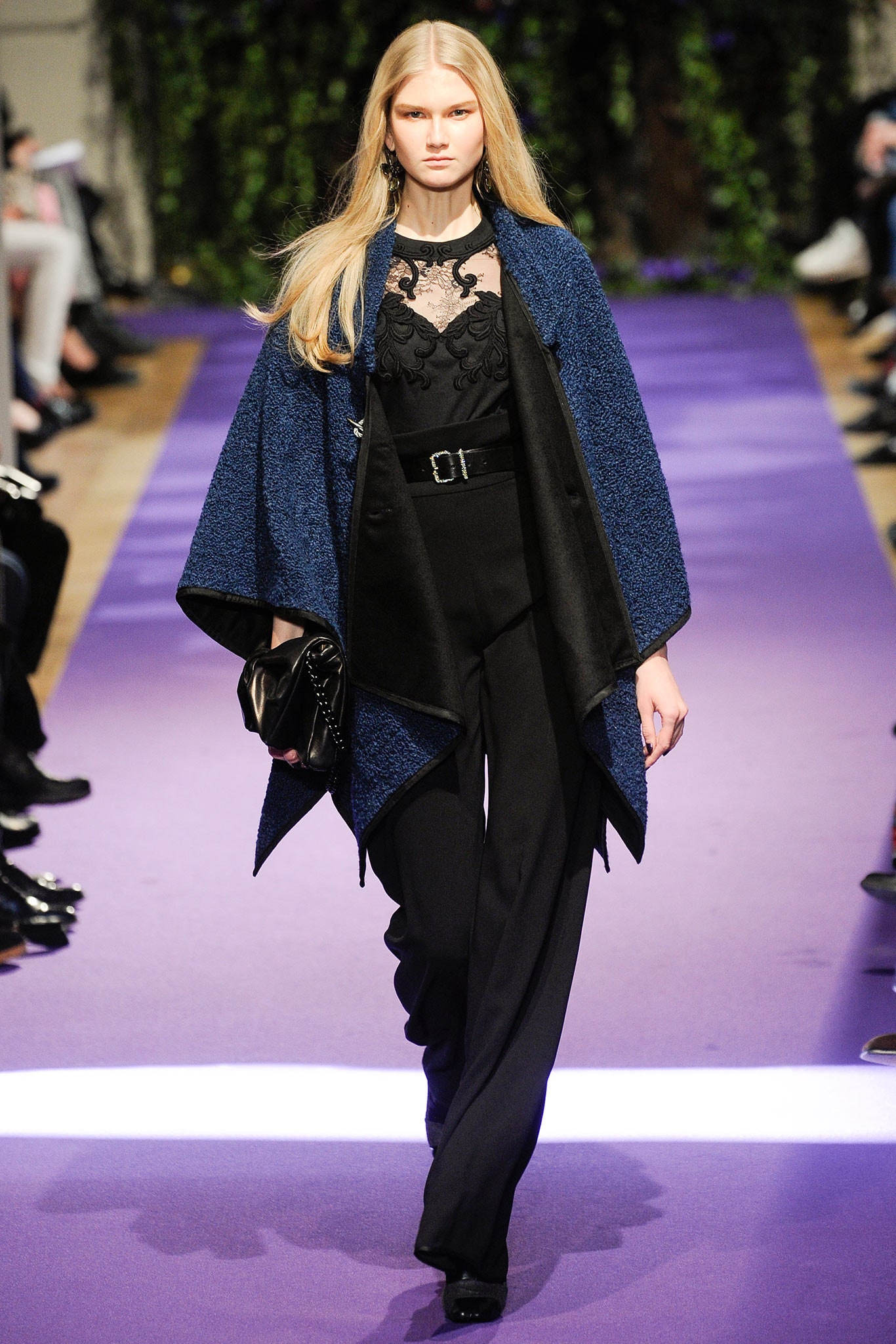 blue wool cape with black outfit