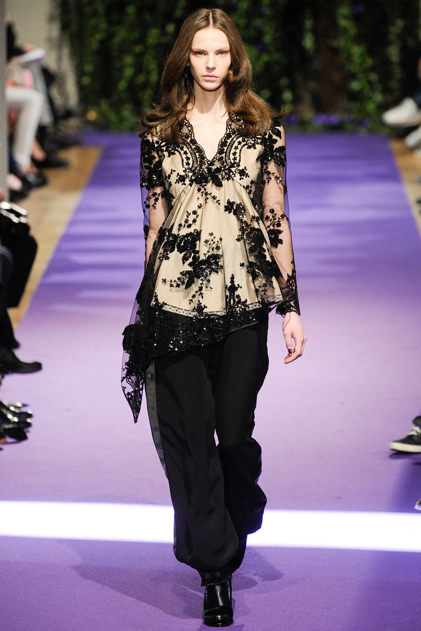black silk long-sleeve v-neck relaxed embroidered layered blouse