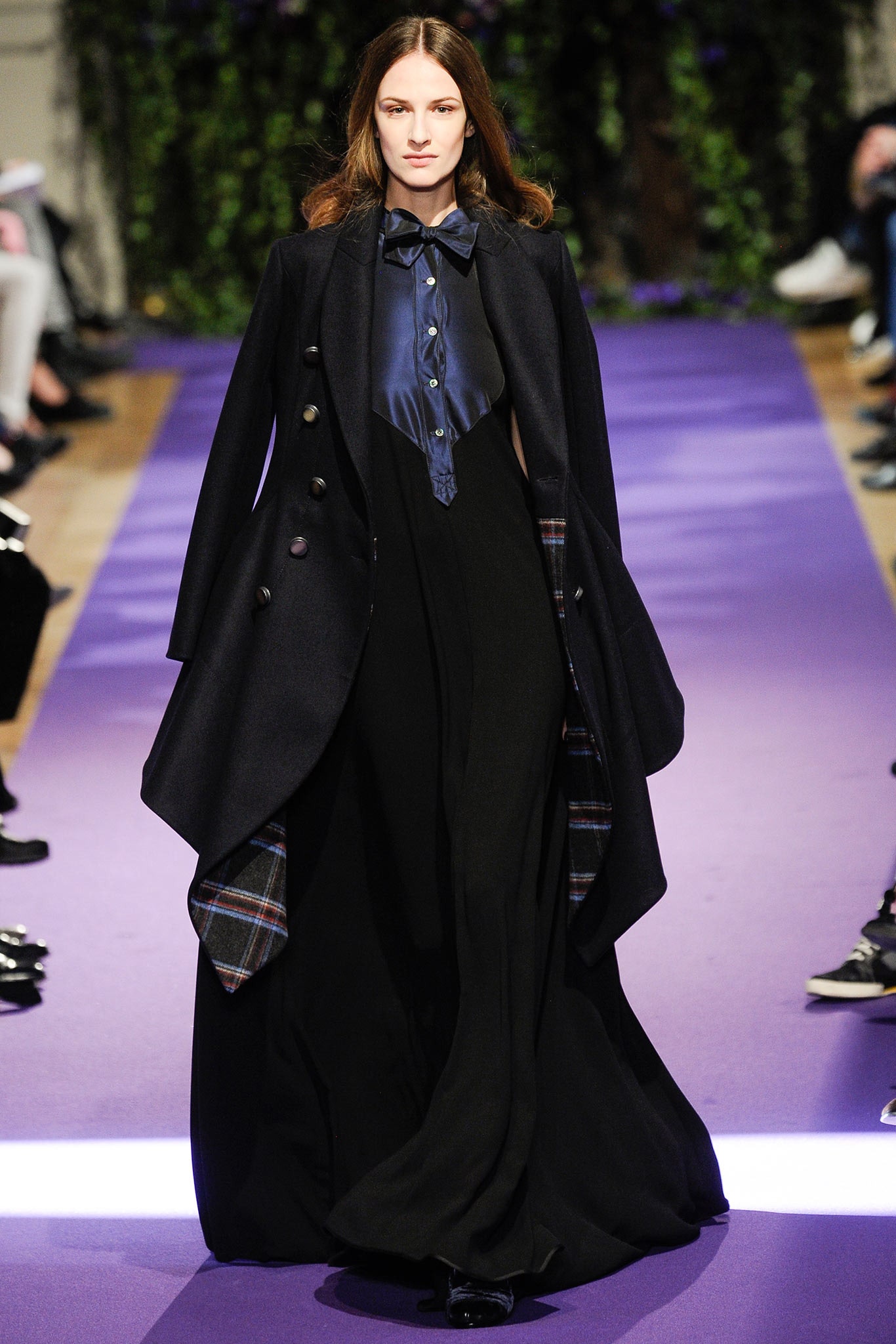 black wool coat and silk dress