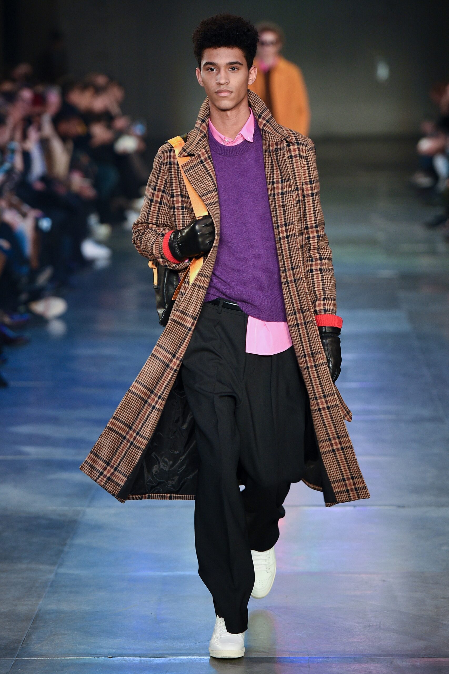 brown checked coat with purple sweater