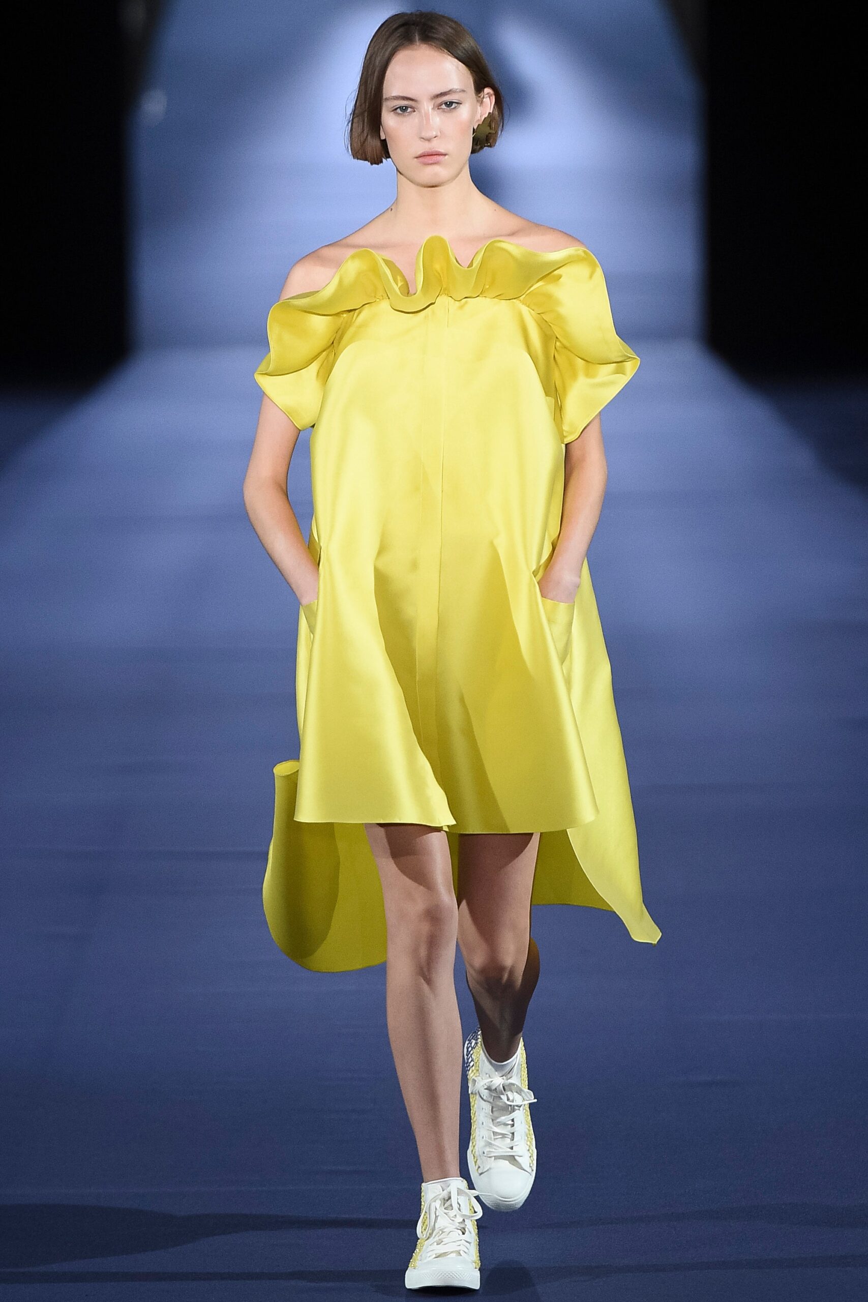yellow silk off-shoulder dress