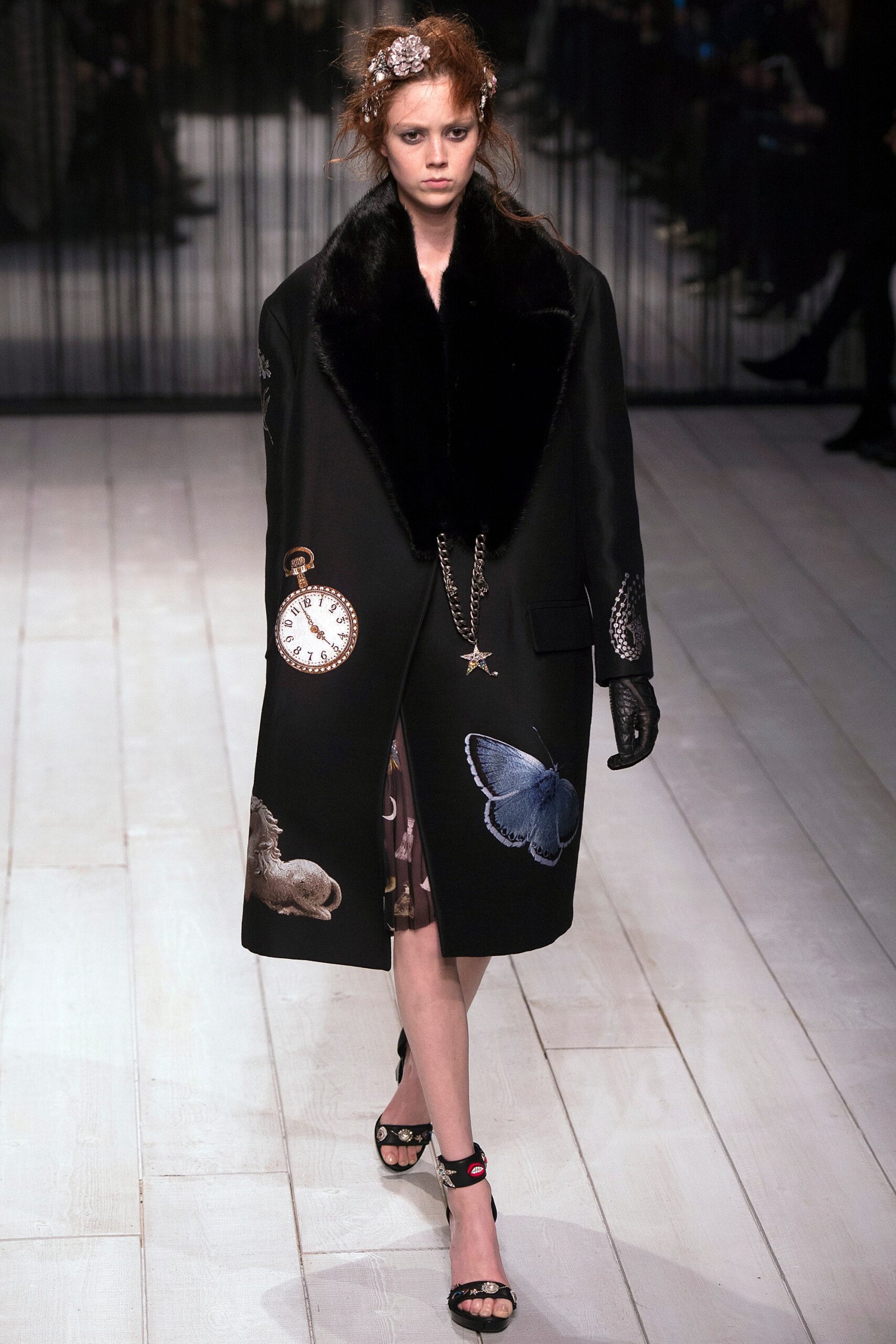 black wool coat with embroidered dress