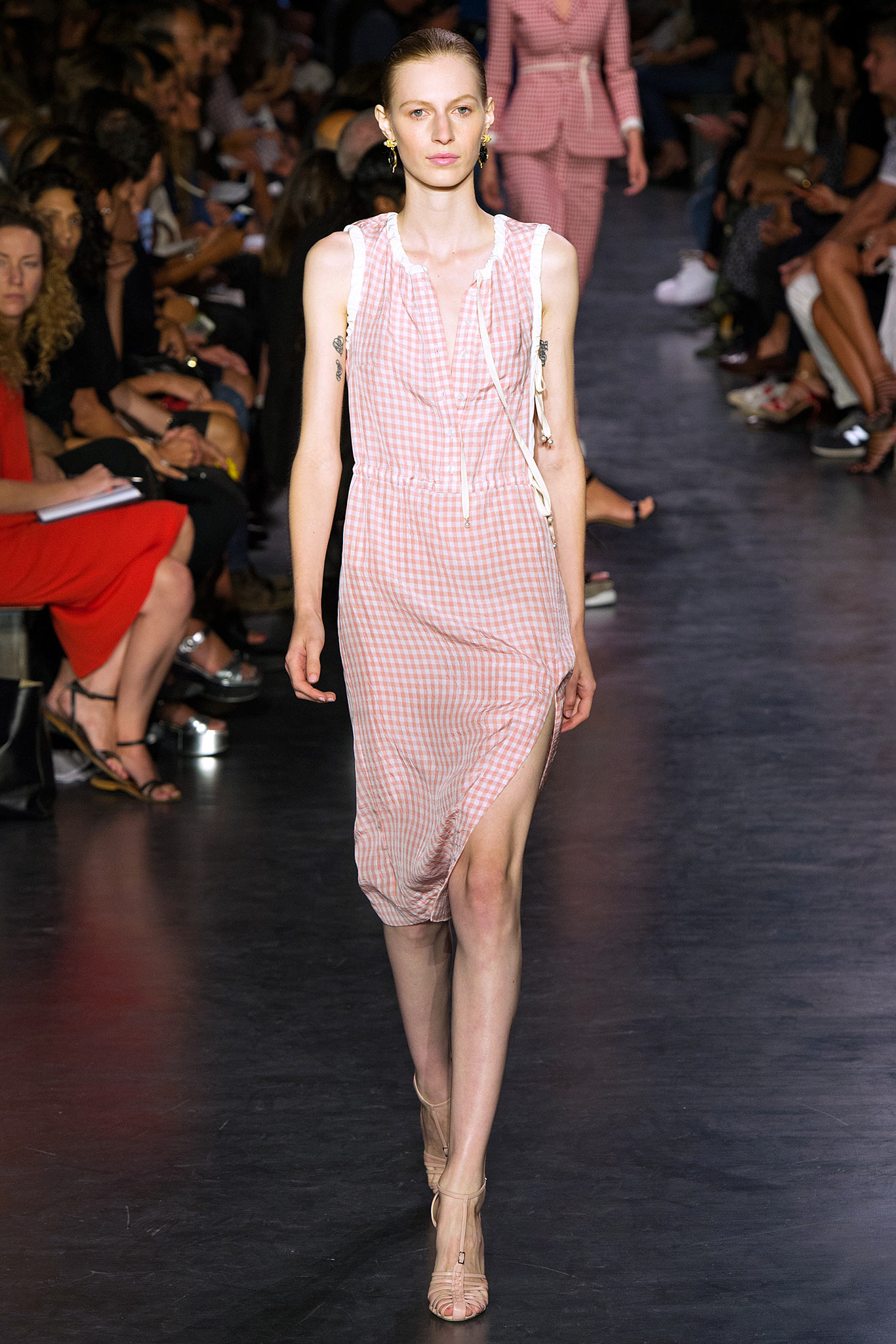 pink and white checked midi dress