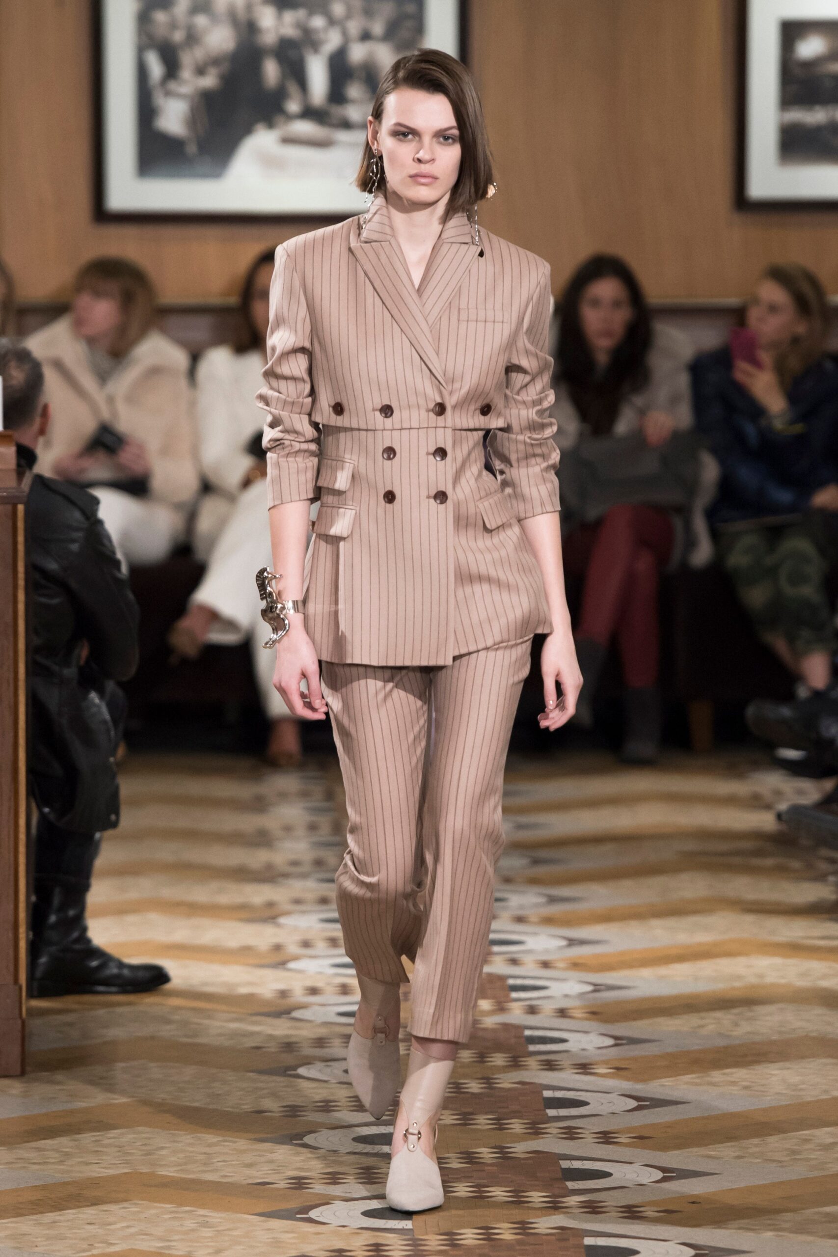 beige wool long-sleeve collared tailored striped suit