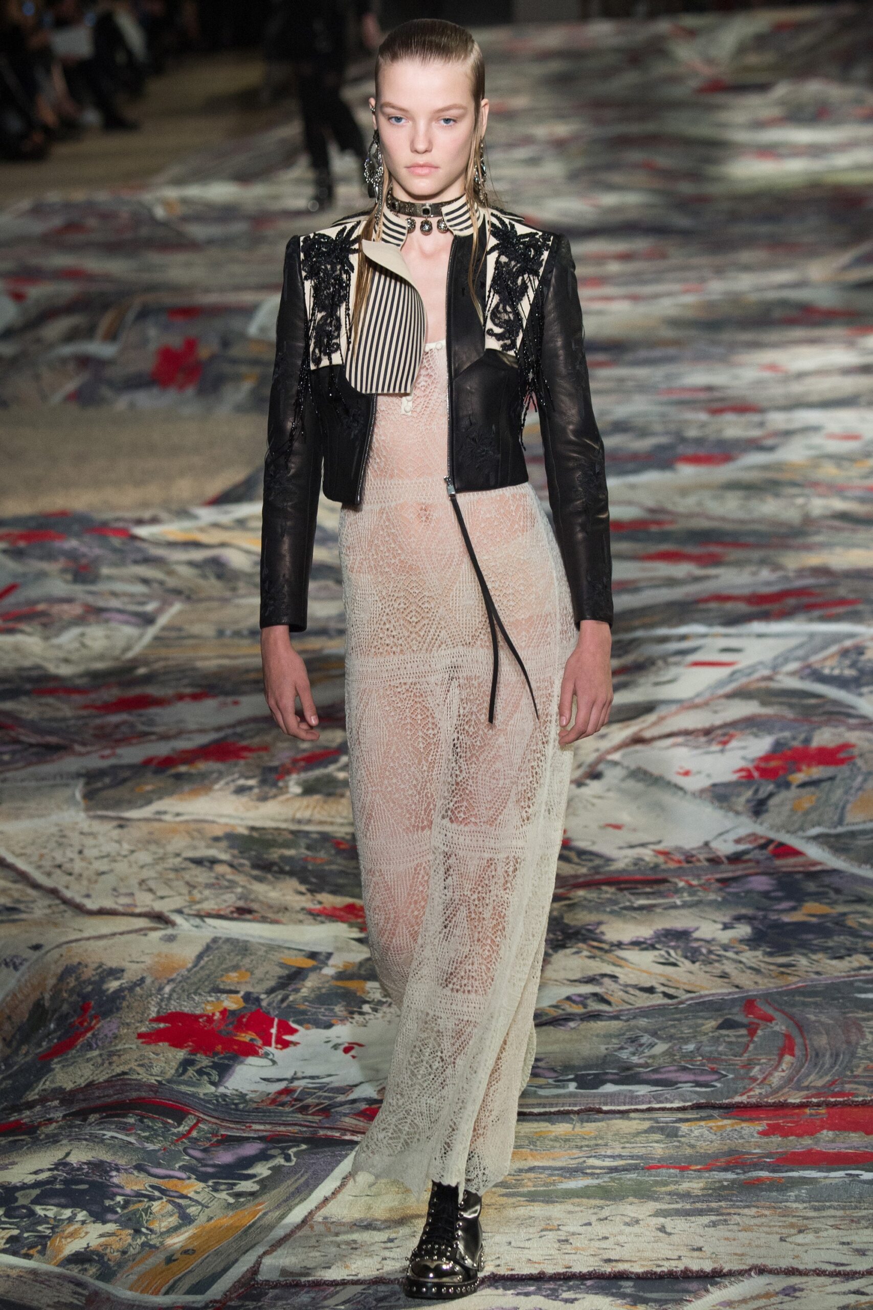 white lace maxi dress and black leather jacket