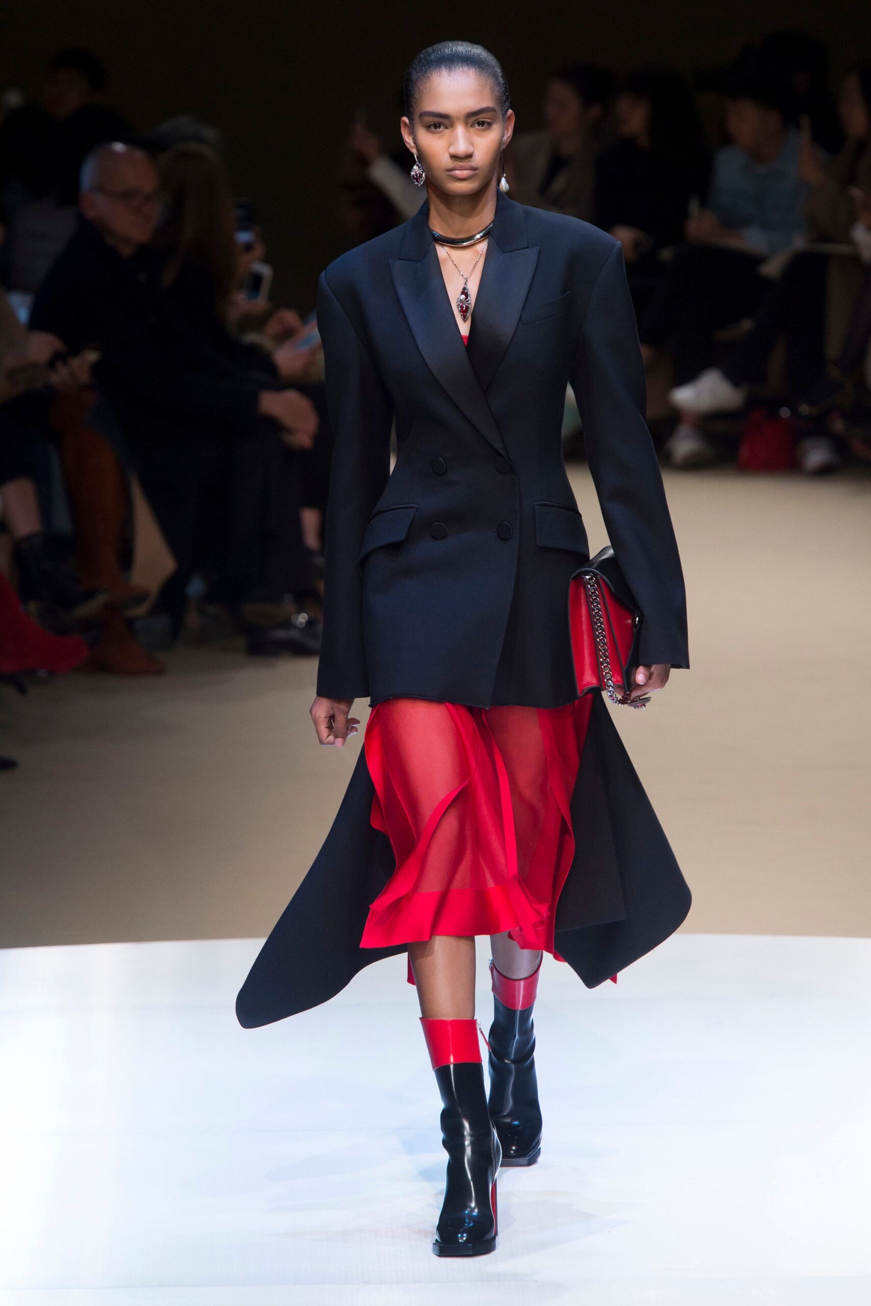 black tailored blazer red silk dress
