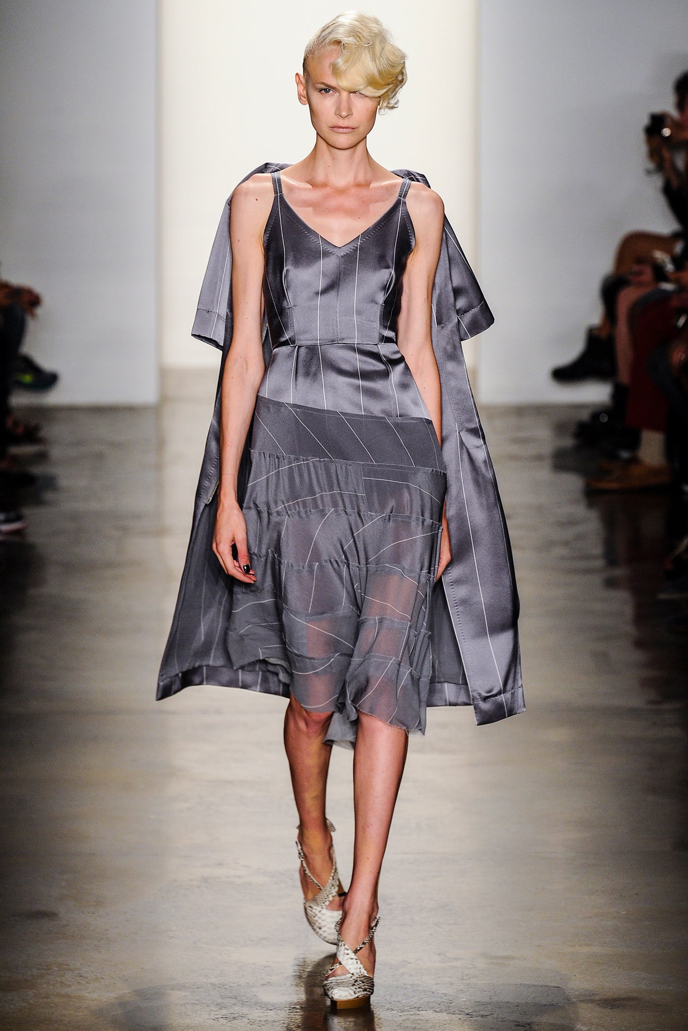 gray silk sleeveless v-neck fitted pleated layered dress