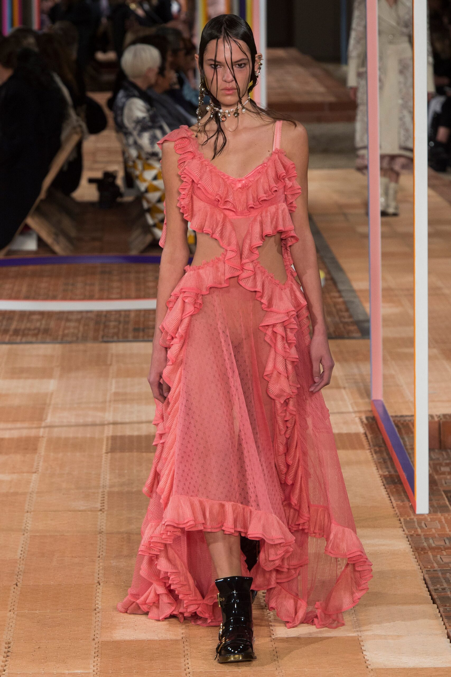 pink sheer ruffled maxi dress