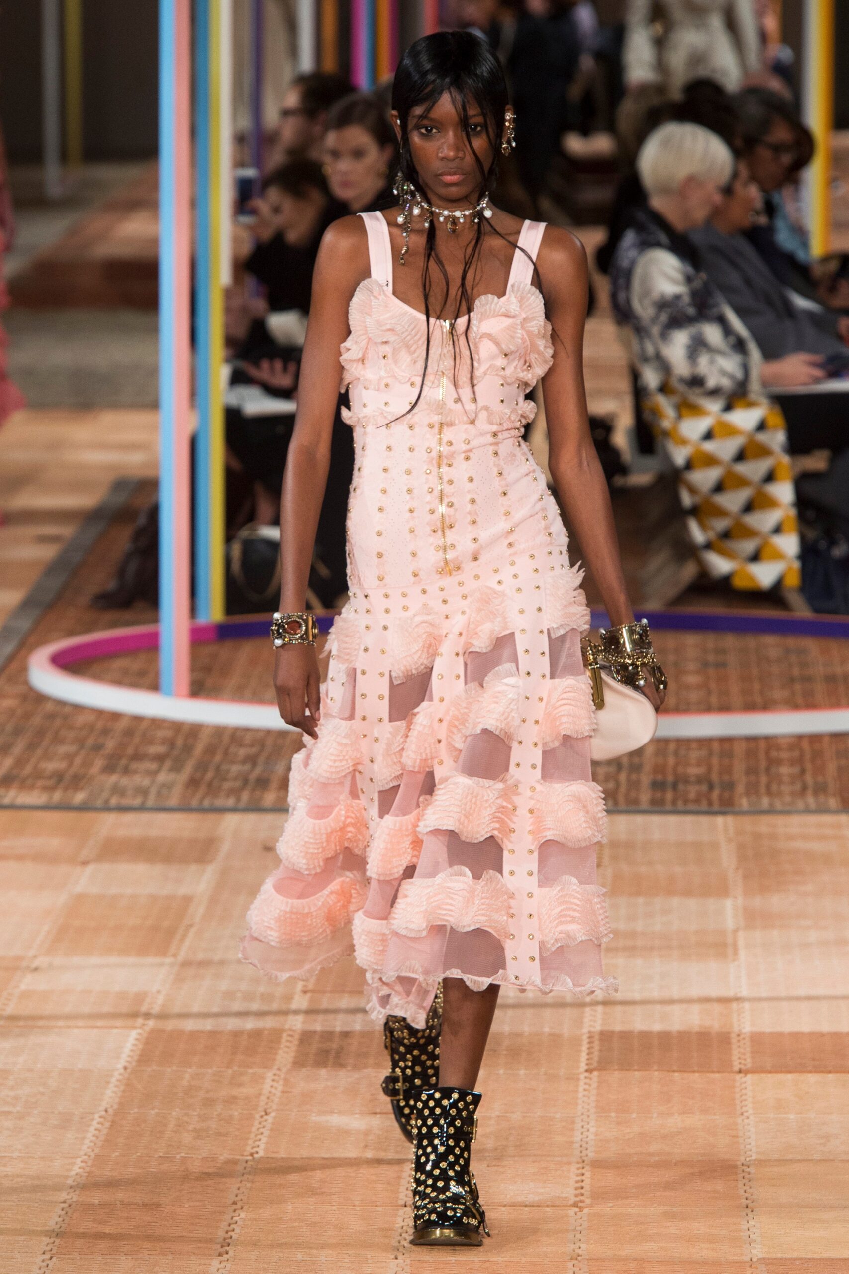 pink ruffled midi dress