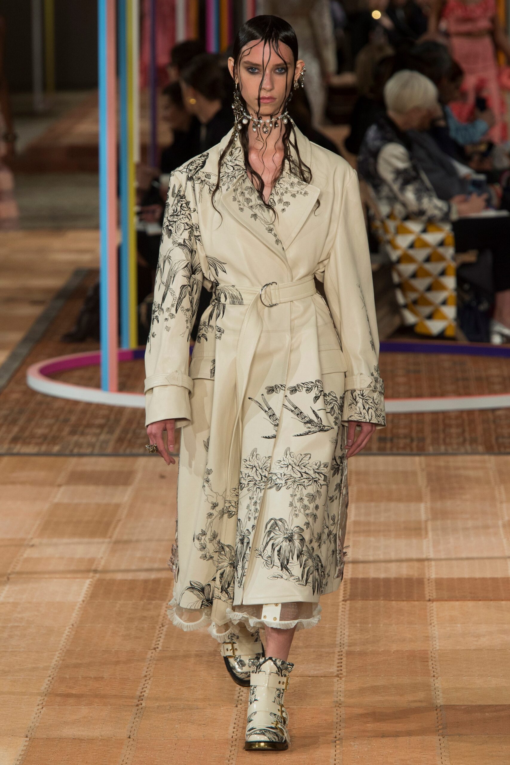 beige printed relaxed trench coat
