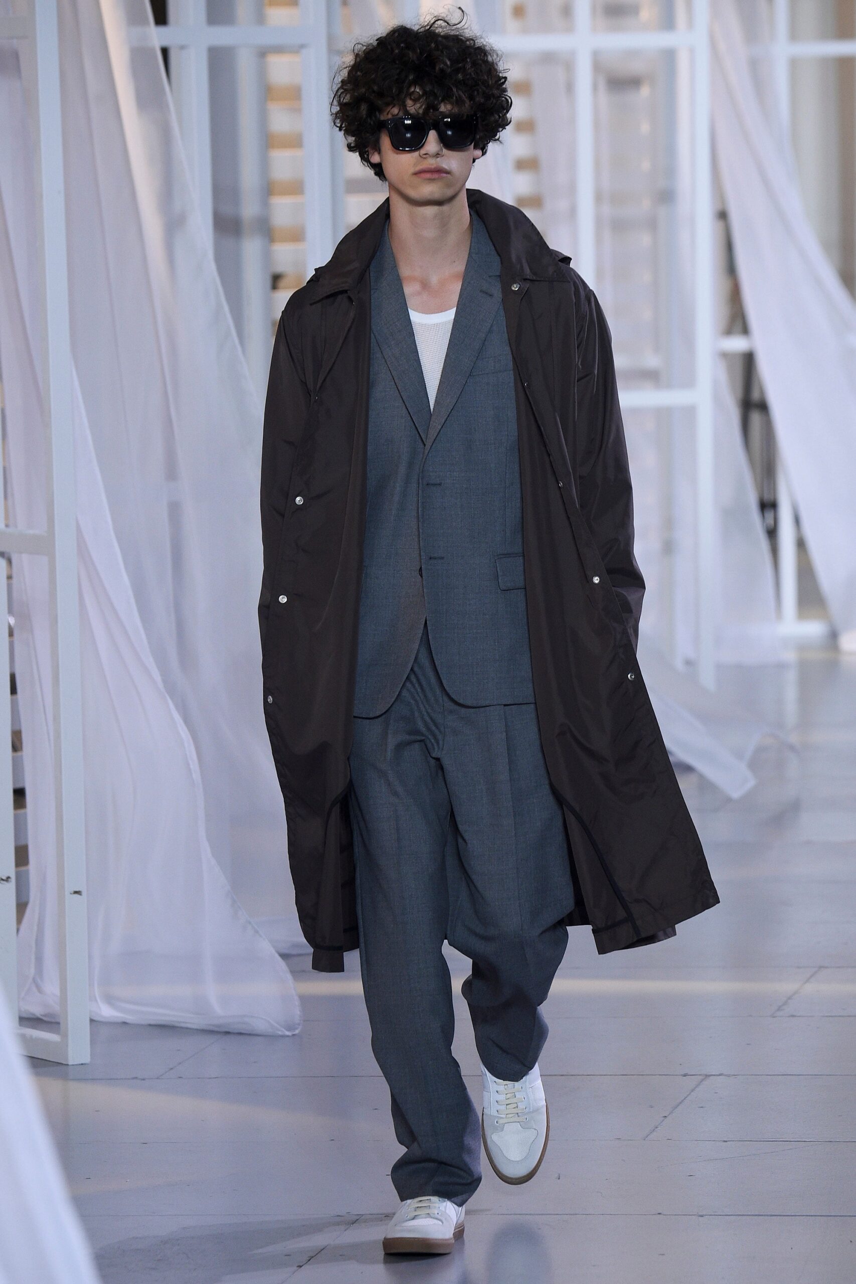 brown trench coat gray suit