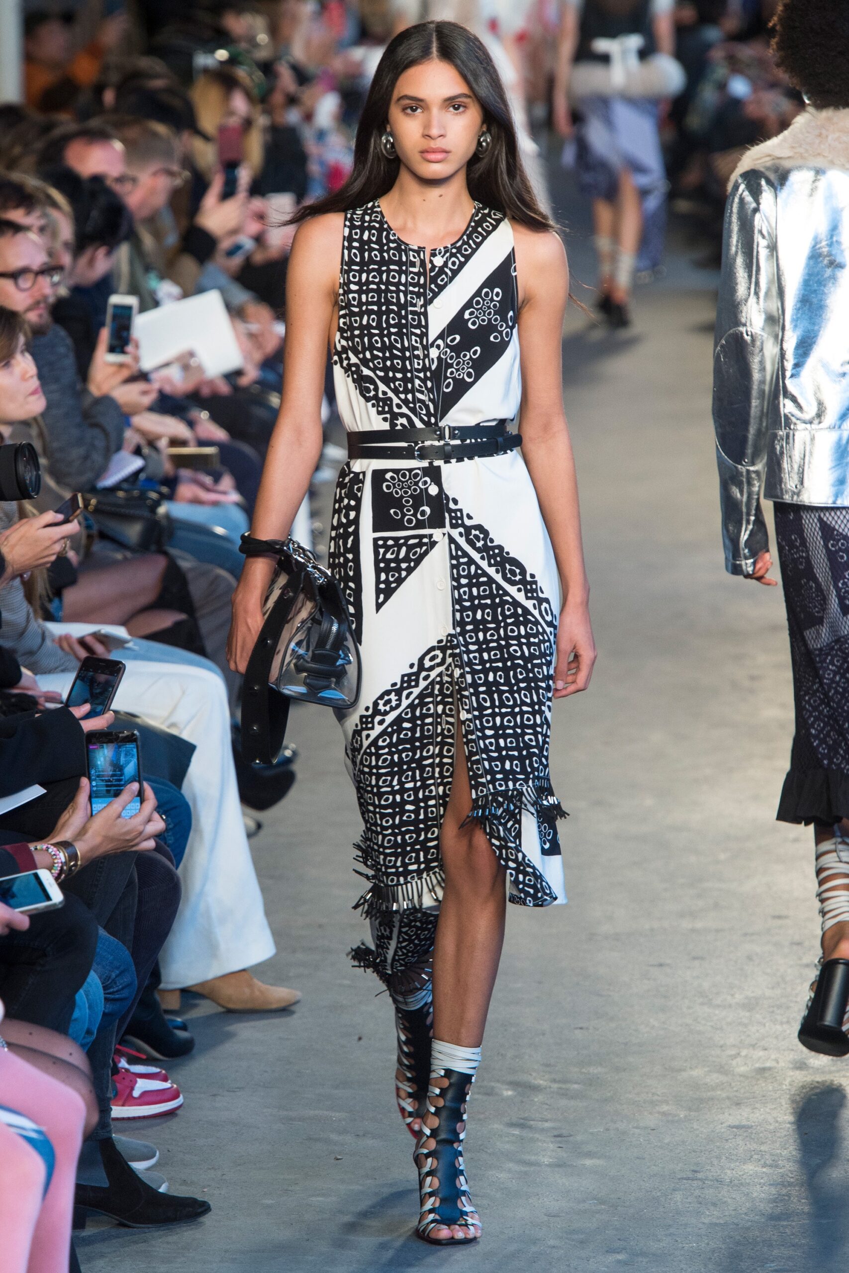 black and white printed midi dress