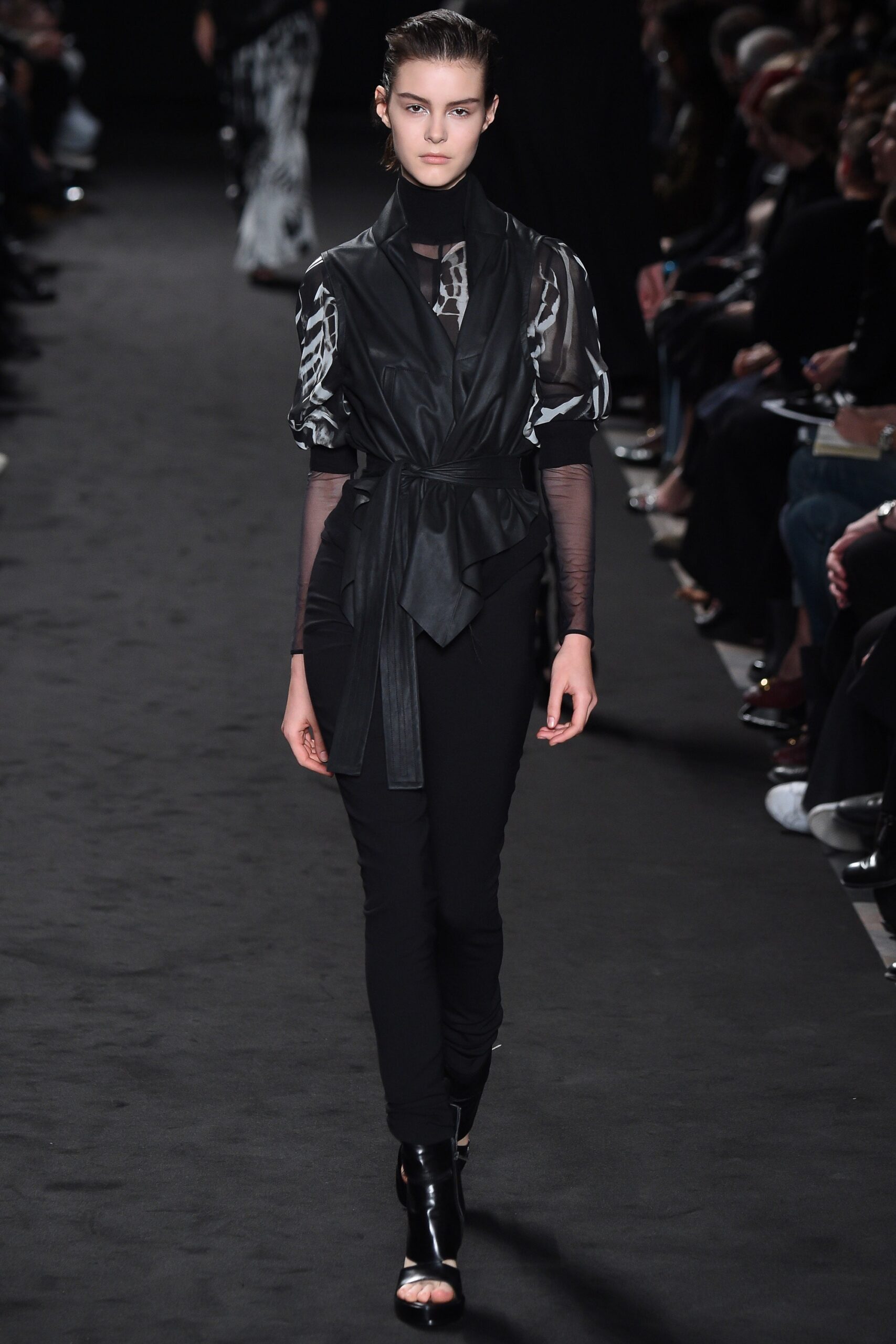 black silk long-sleeve v-neck fitted layered sheer blouse