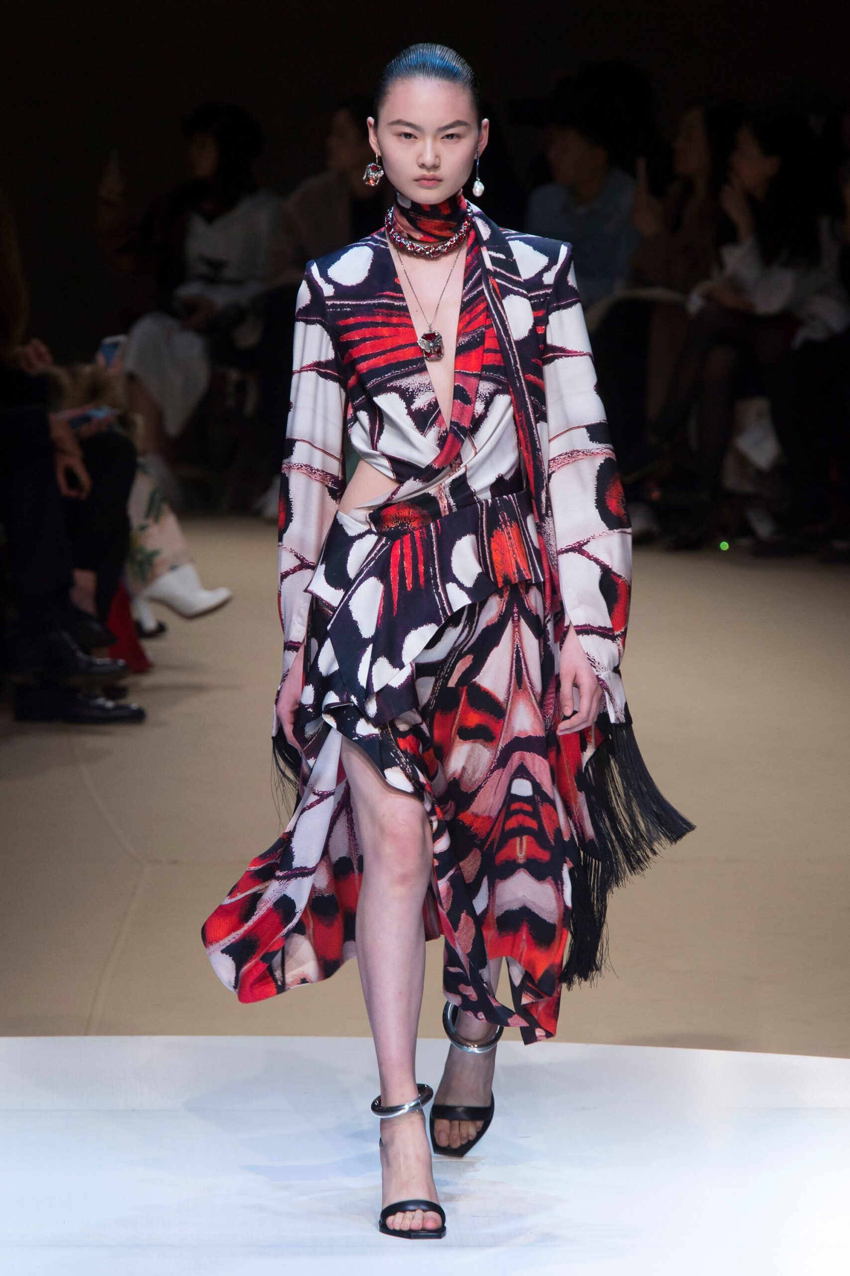 red and black printed midi dress