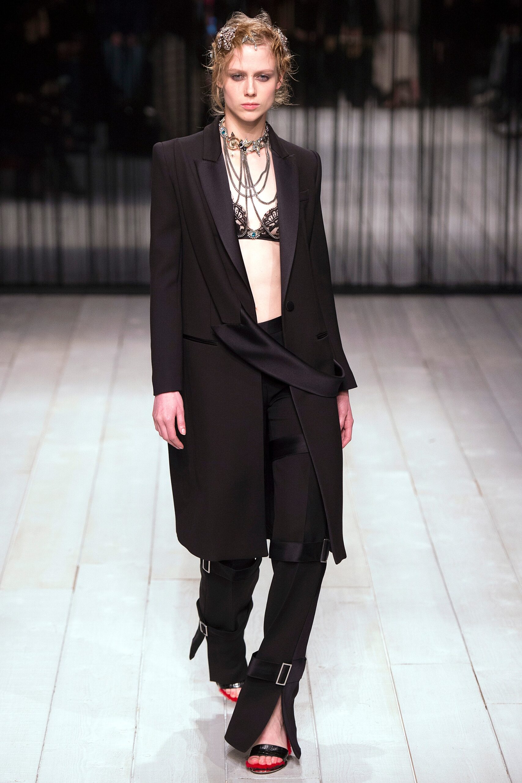 black tailored blazer with lace bra