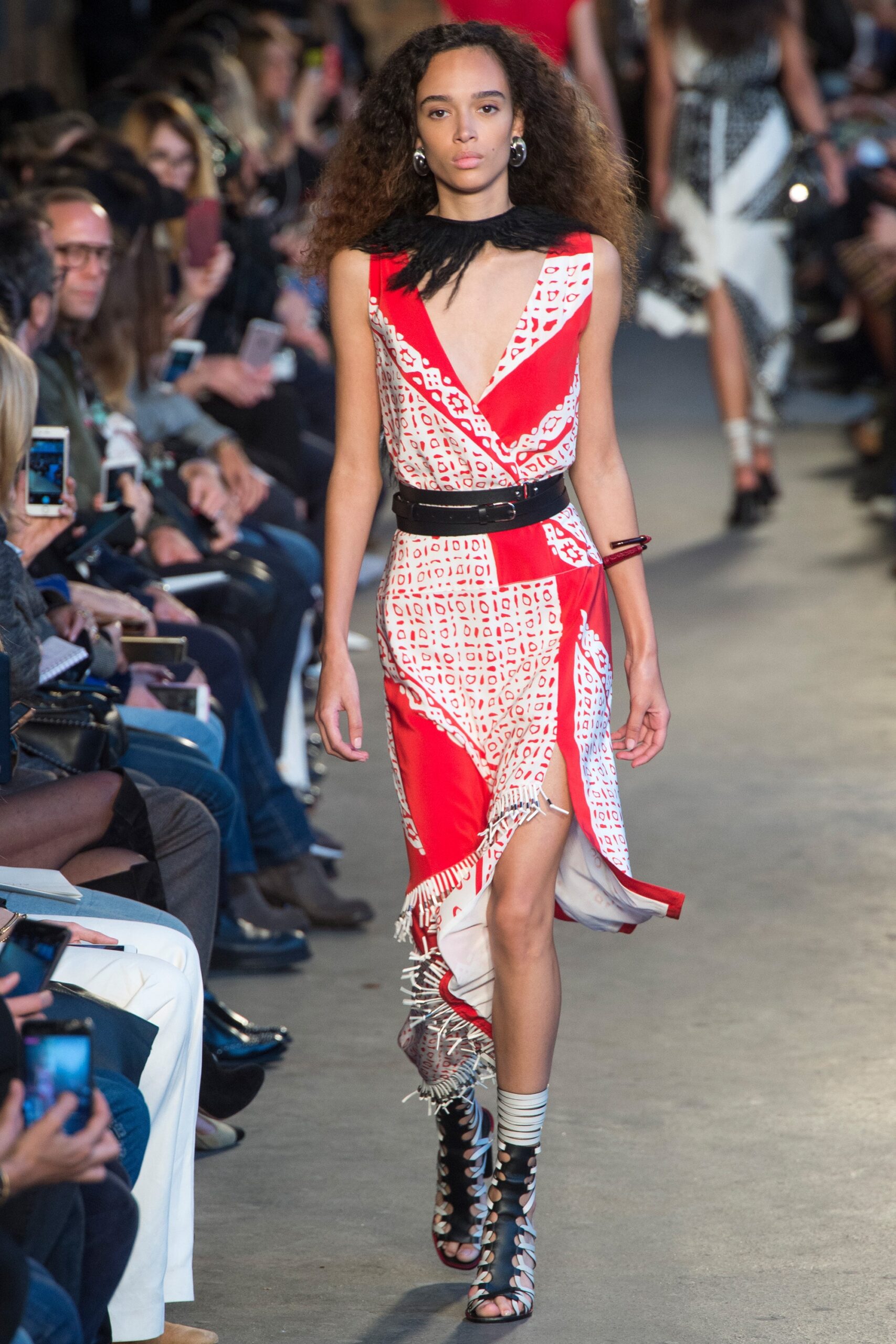 red and white printed midi dress