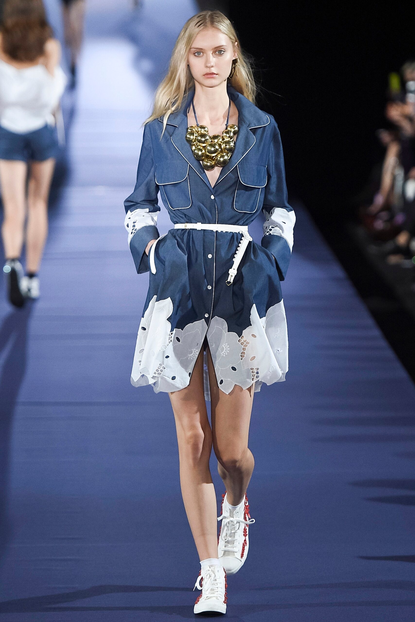 blue denim shirt-dress with sneakers