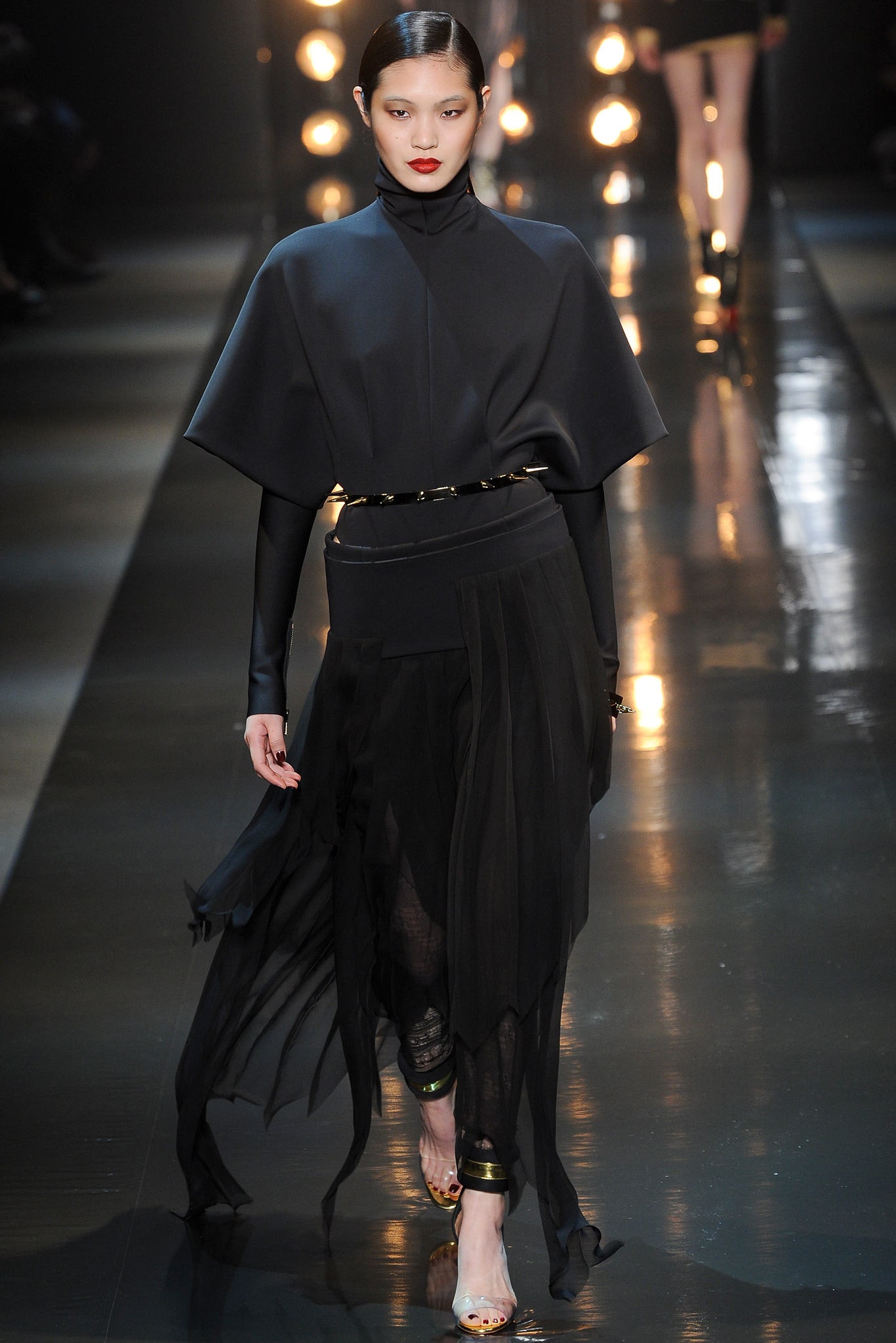 black silk draped midi dress