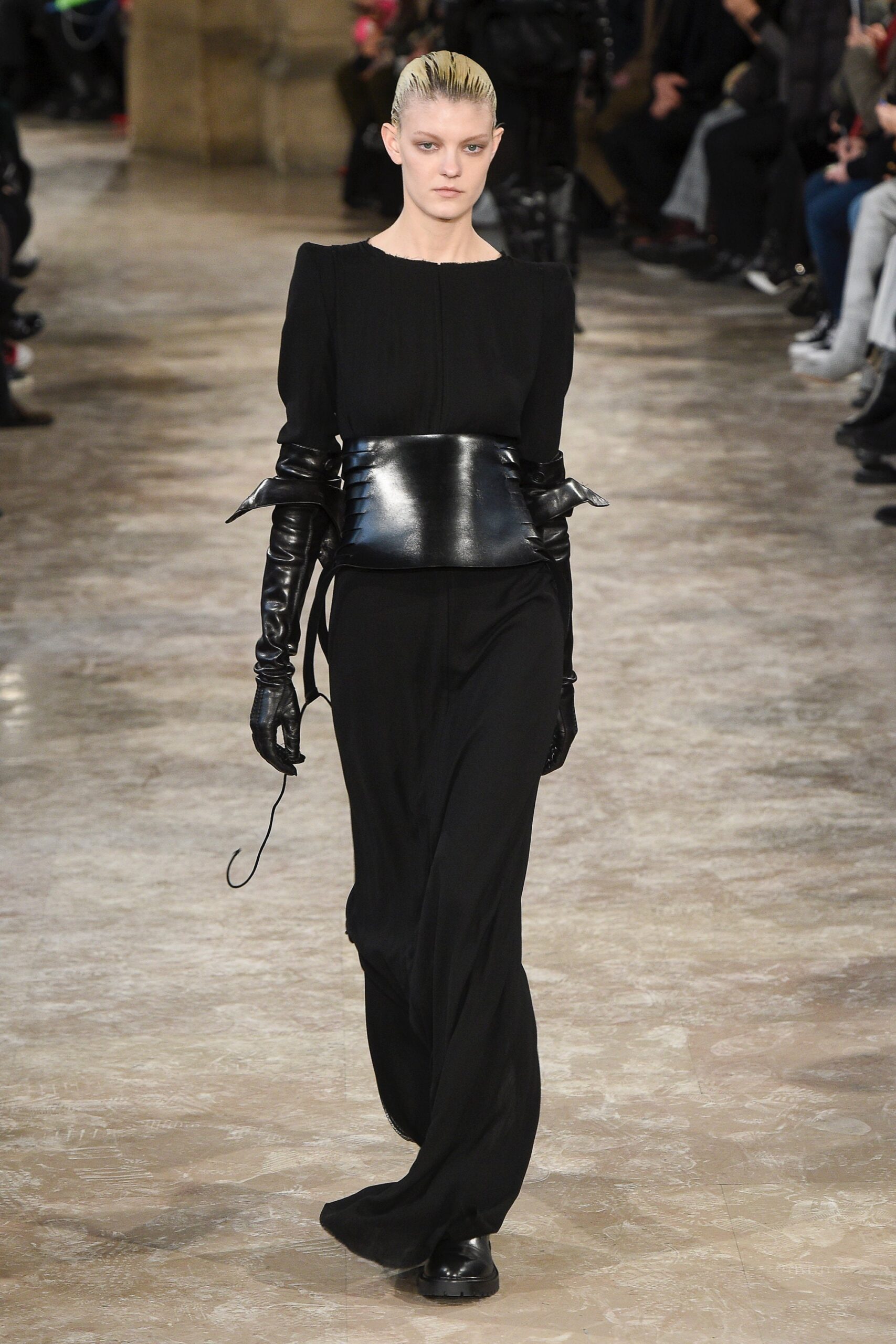 black fitted midi dress with gloves