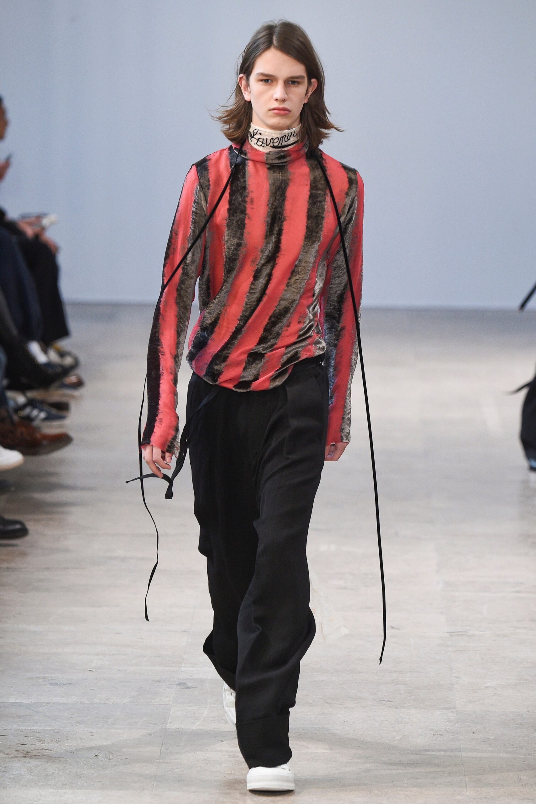 red and black striped top with relaxed pants