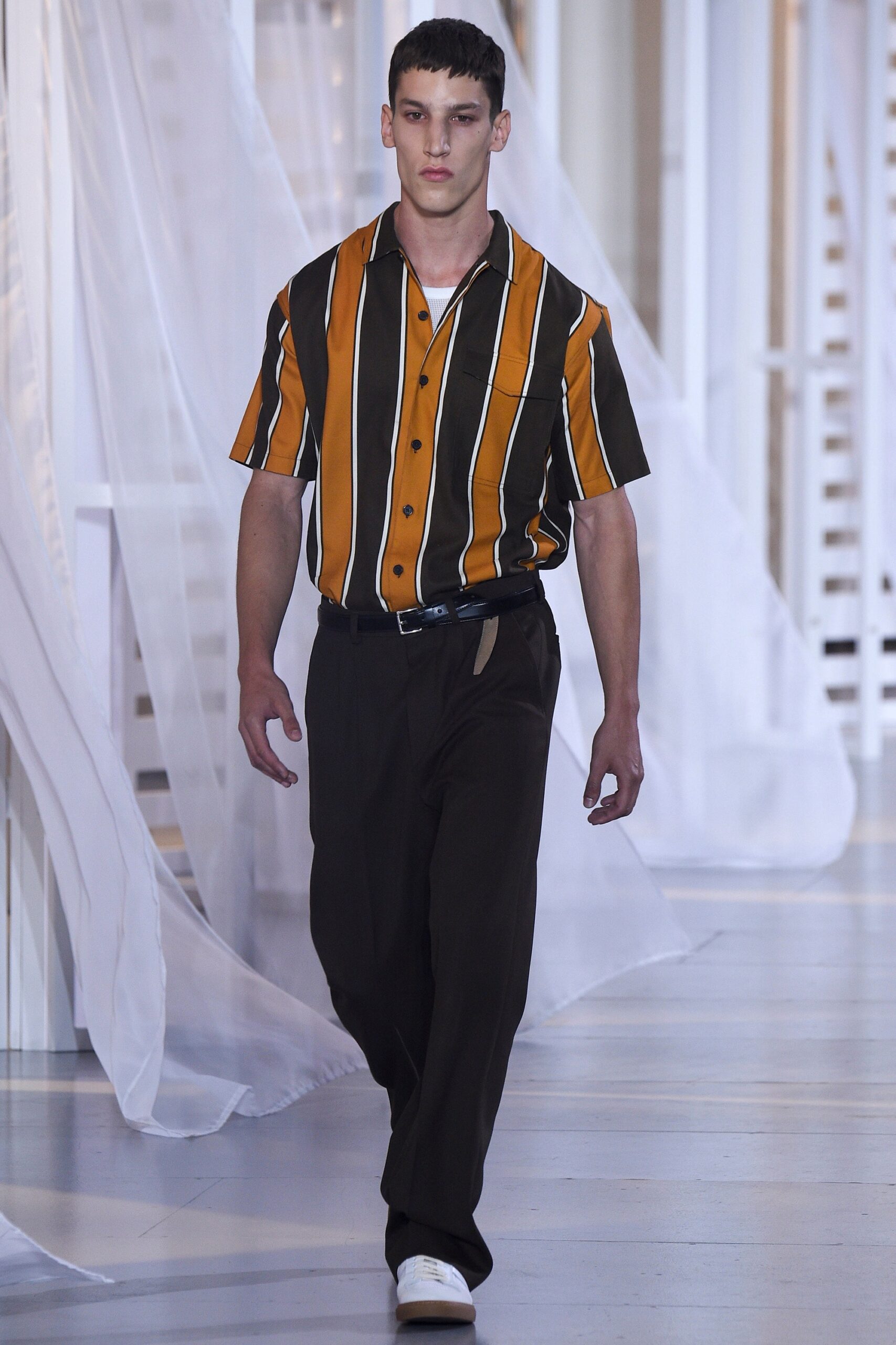 orange short-sleeve collared relaxed striped shirt