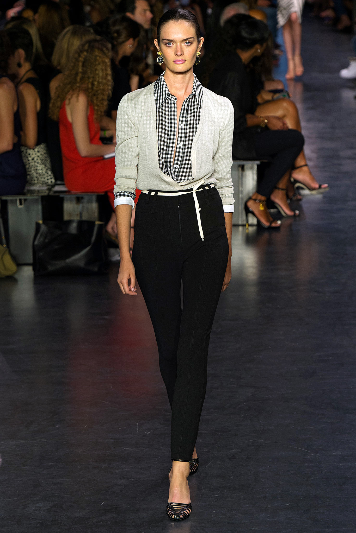 fitted black pants with checked shirt