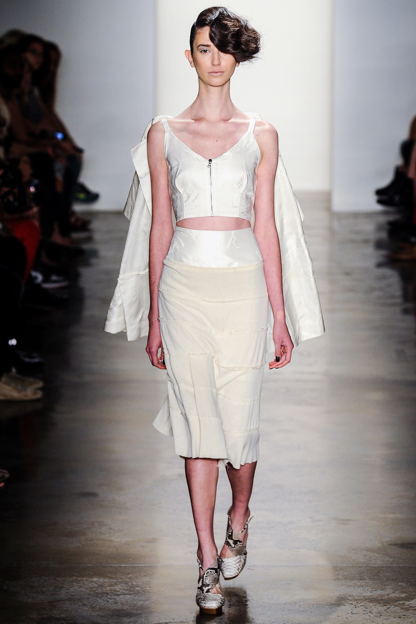 white silk cropped top and midi skirt