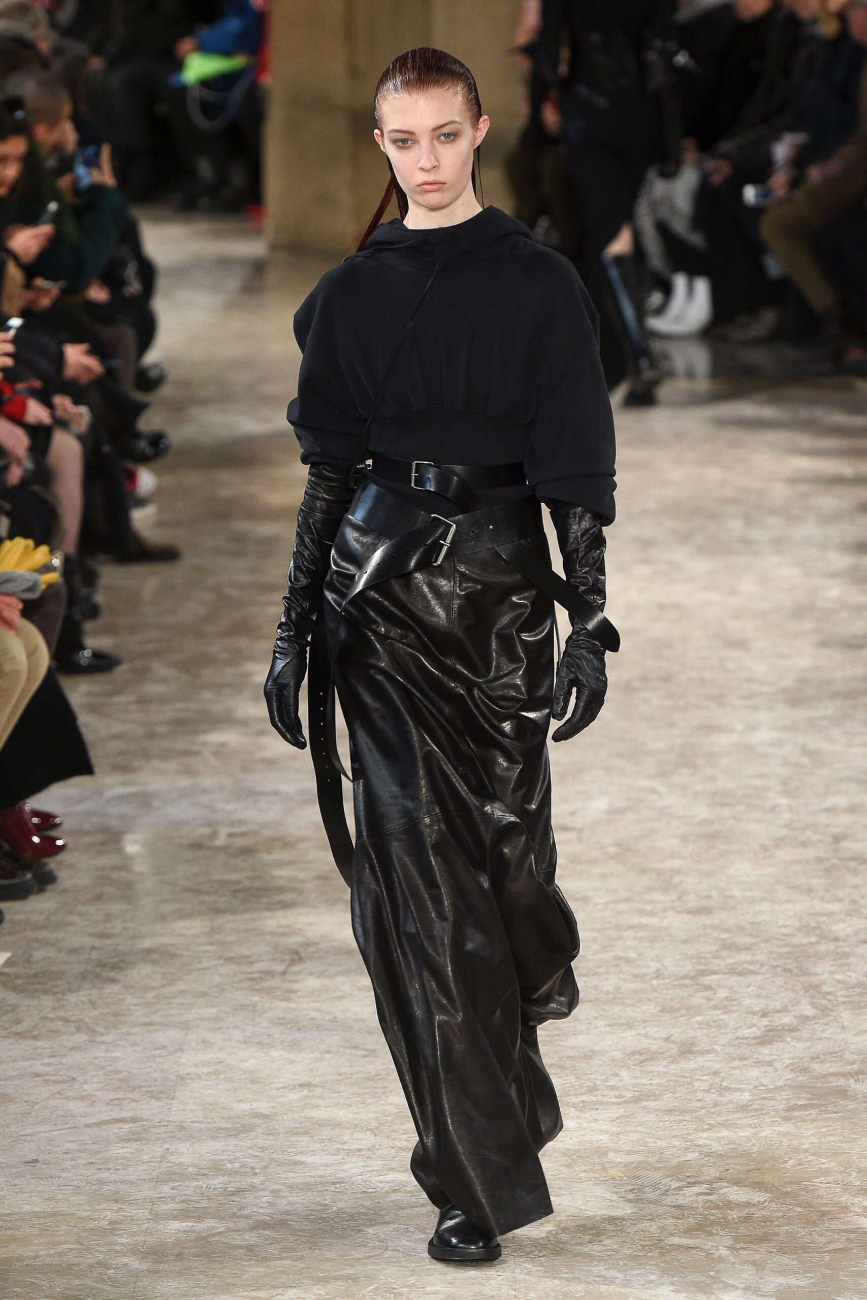 black leather fitted dress with gloves