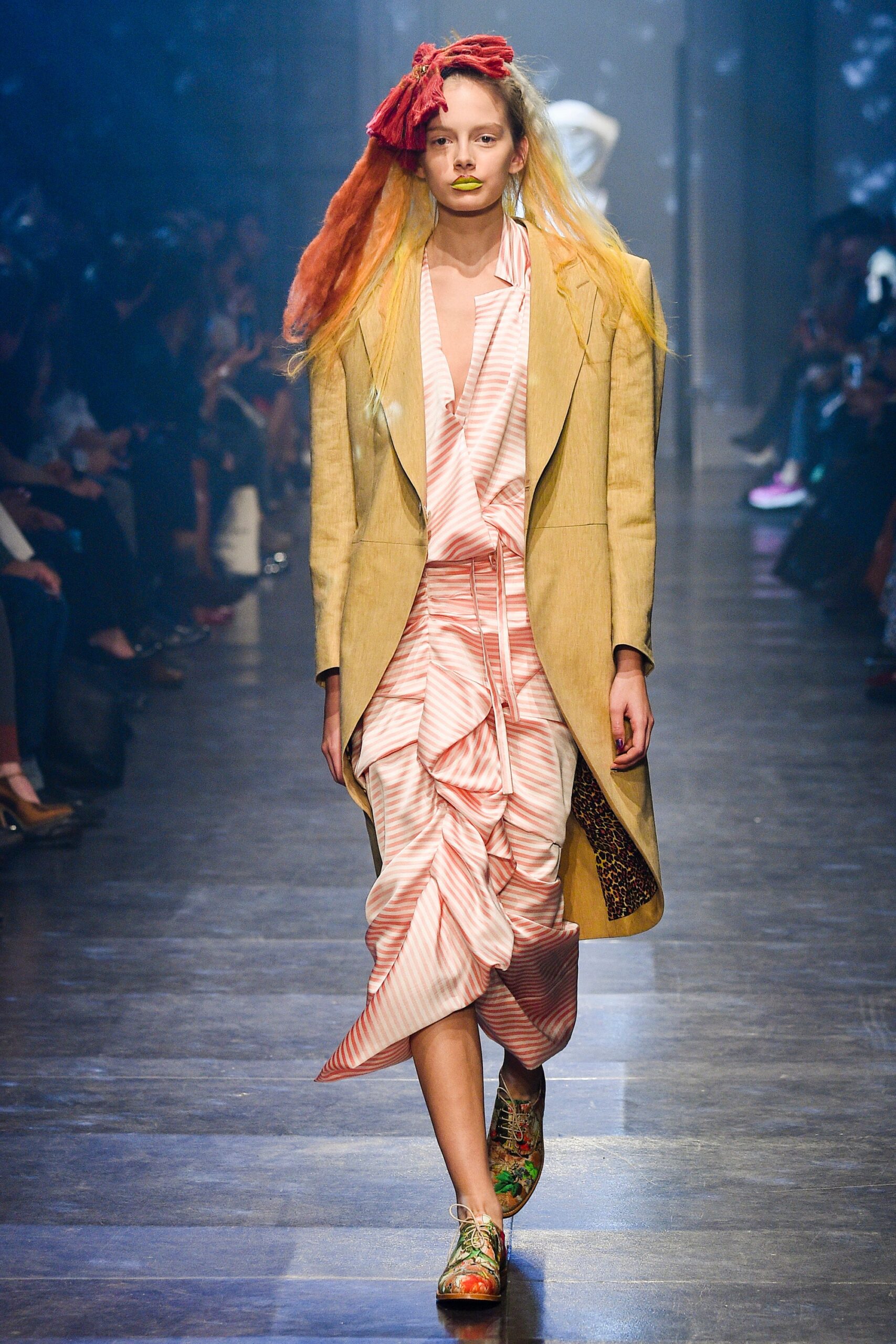 beige coat and pink midi dress