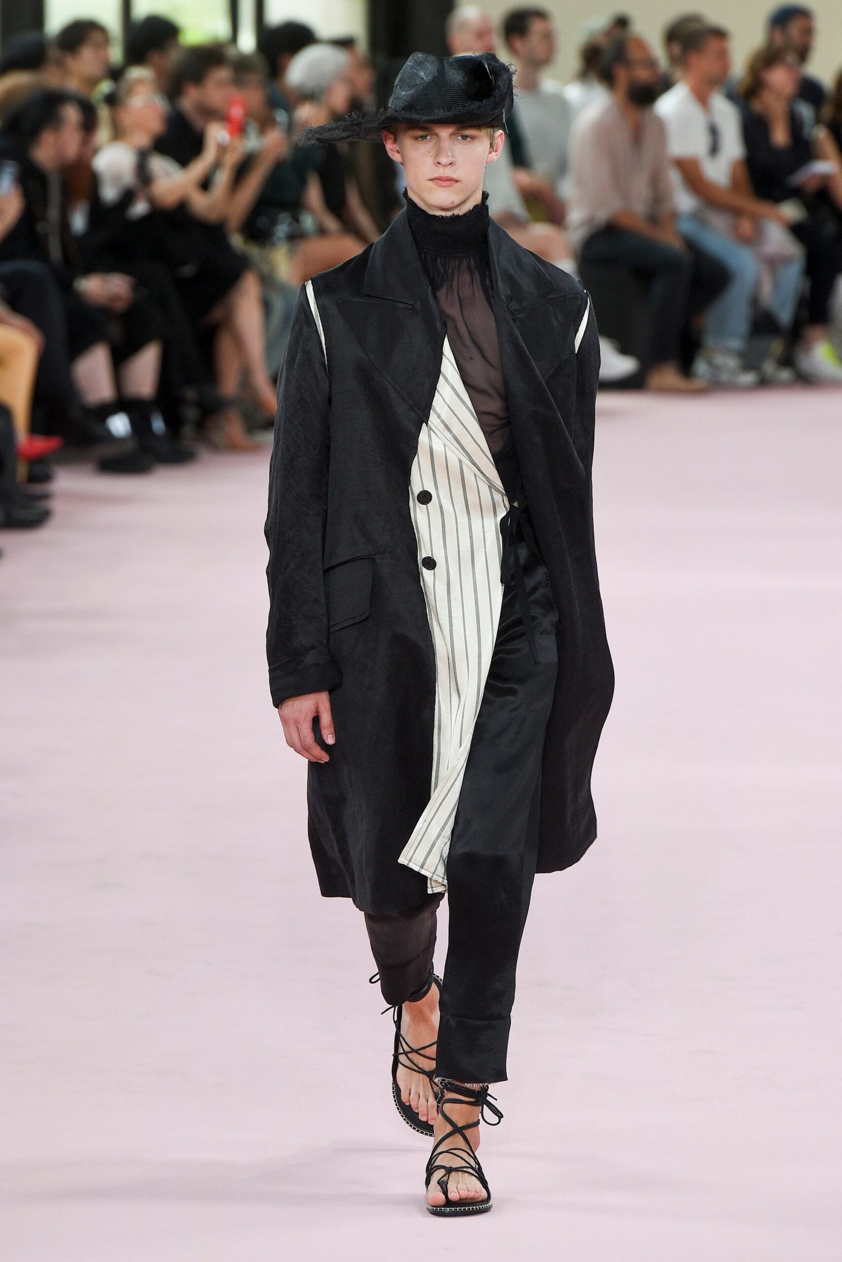 black silk long-sleeve collared fitted striped draped coat